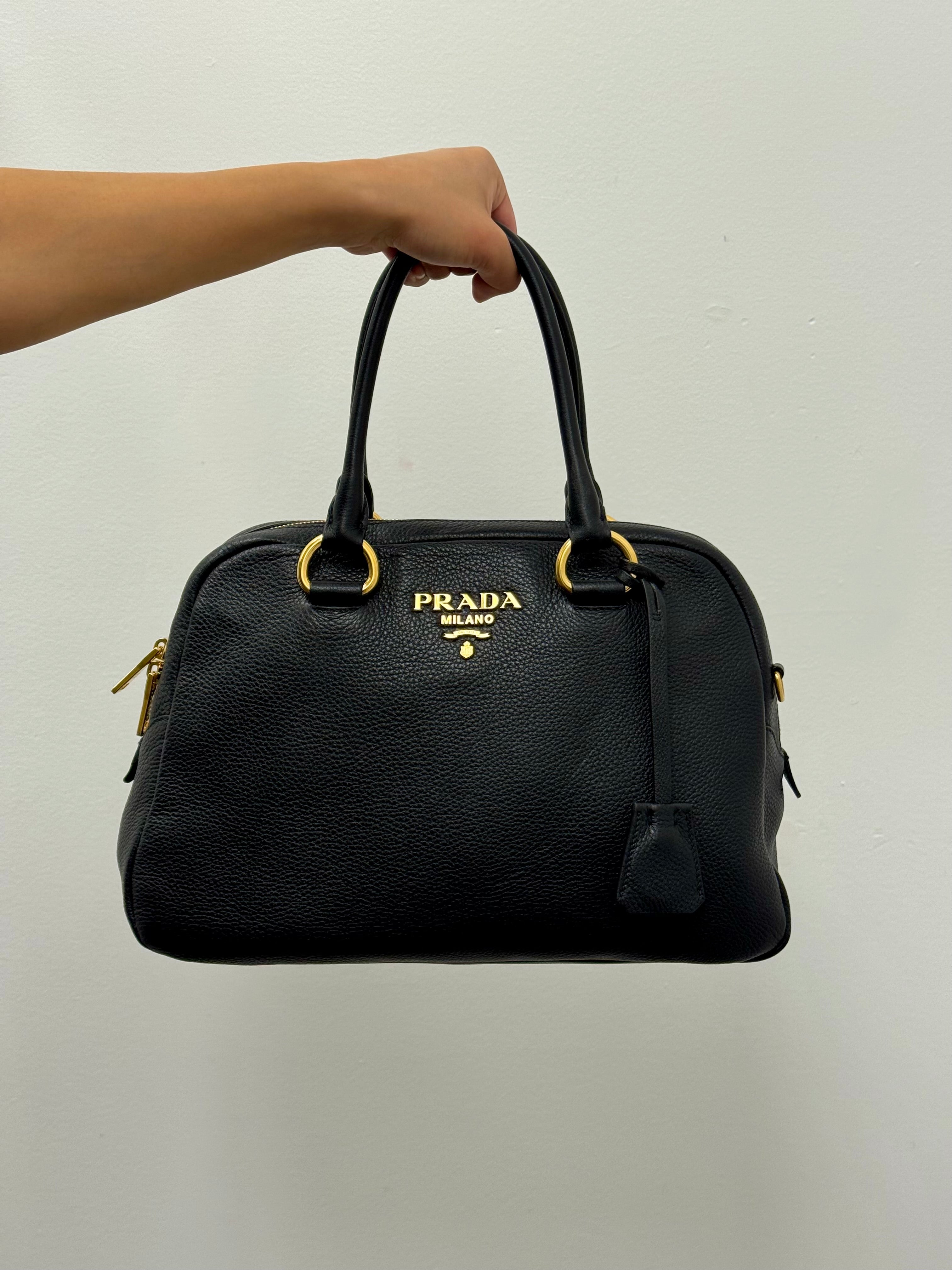 Prada Vitello Daino Bowler Bag in Black Pebbled Leather with Gold