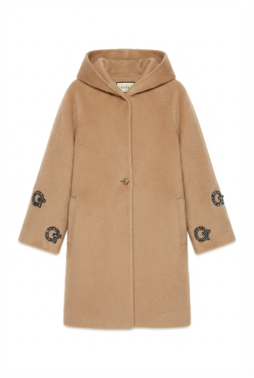 Taupe Teddy Hooded Cocoon Coat with Crystal "G" Sleeve Appliqués