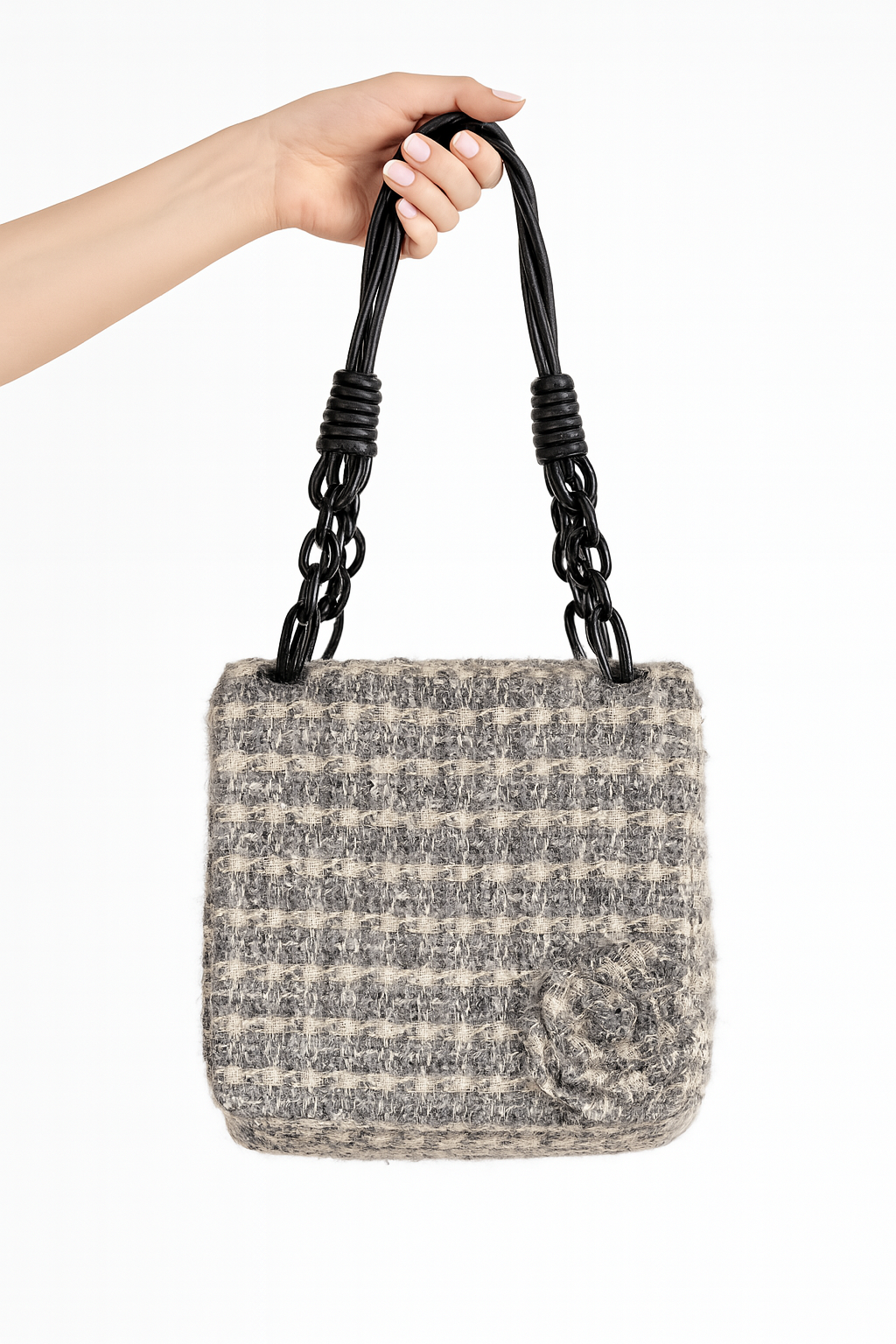Chanel Grey Tweed Camellia Messenger Shoulder Bag