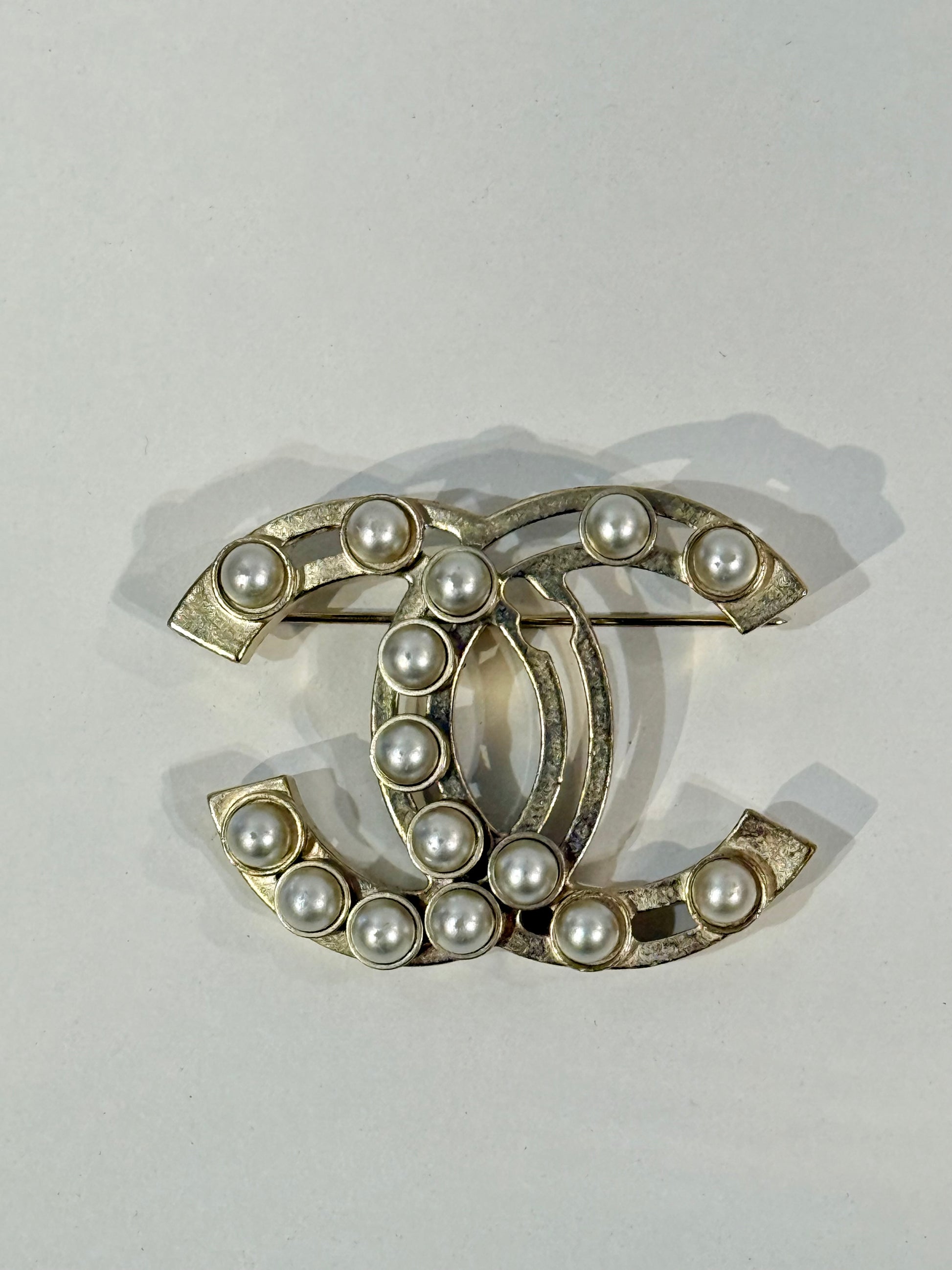 Chanel CC Pearl Brooch in Gold Hardware