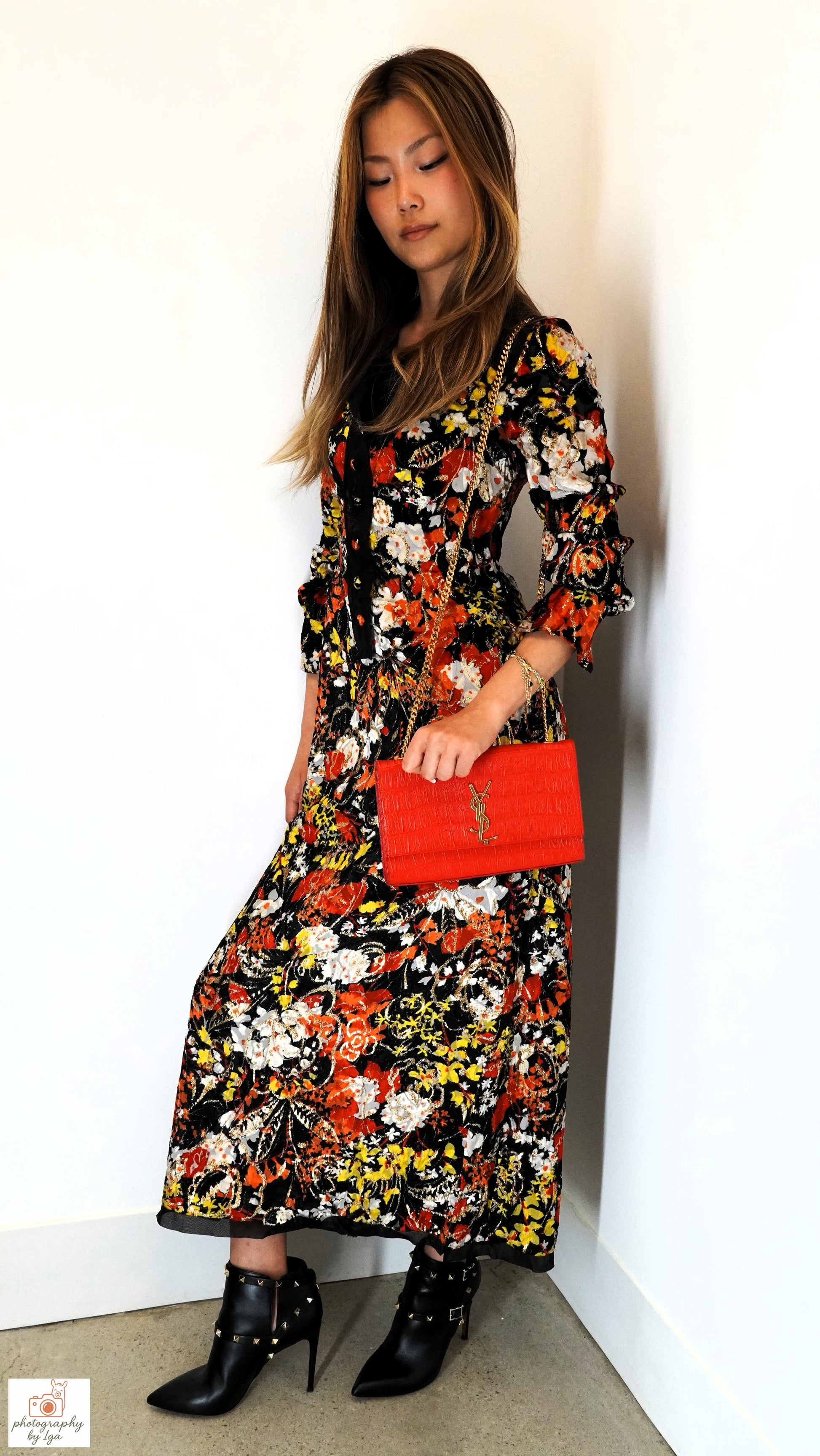Vintage Floral Velvet Midi Shirt Dress
