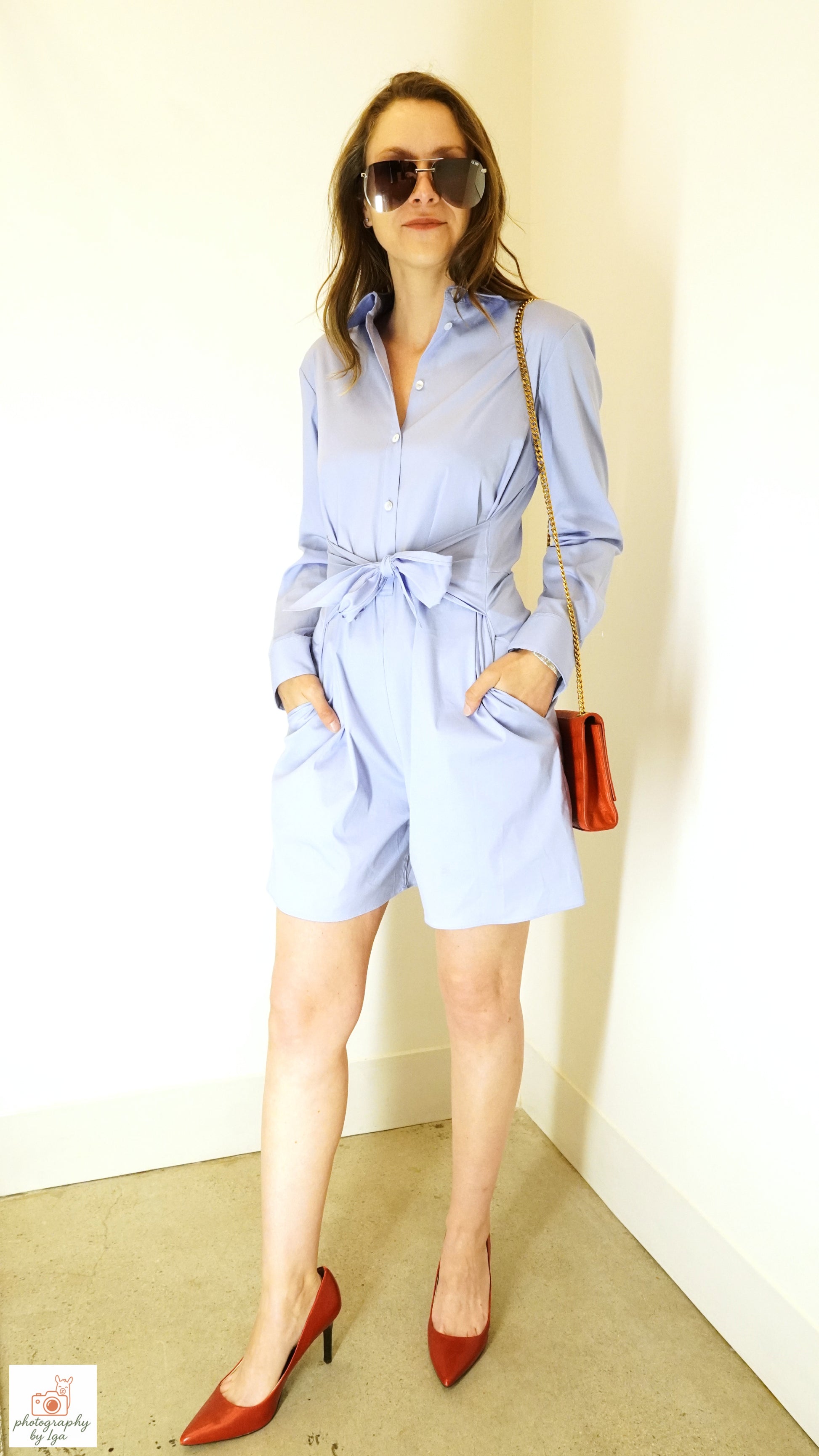 Theory Blue Tie‑Waist Long‑Sleeve Romper