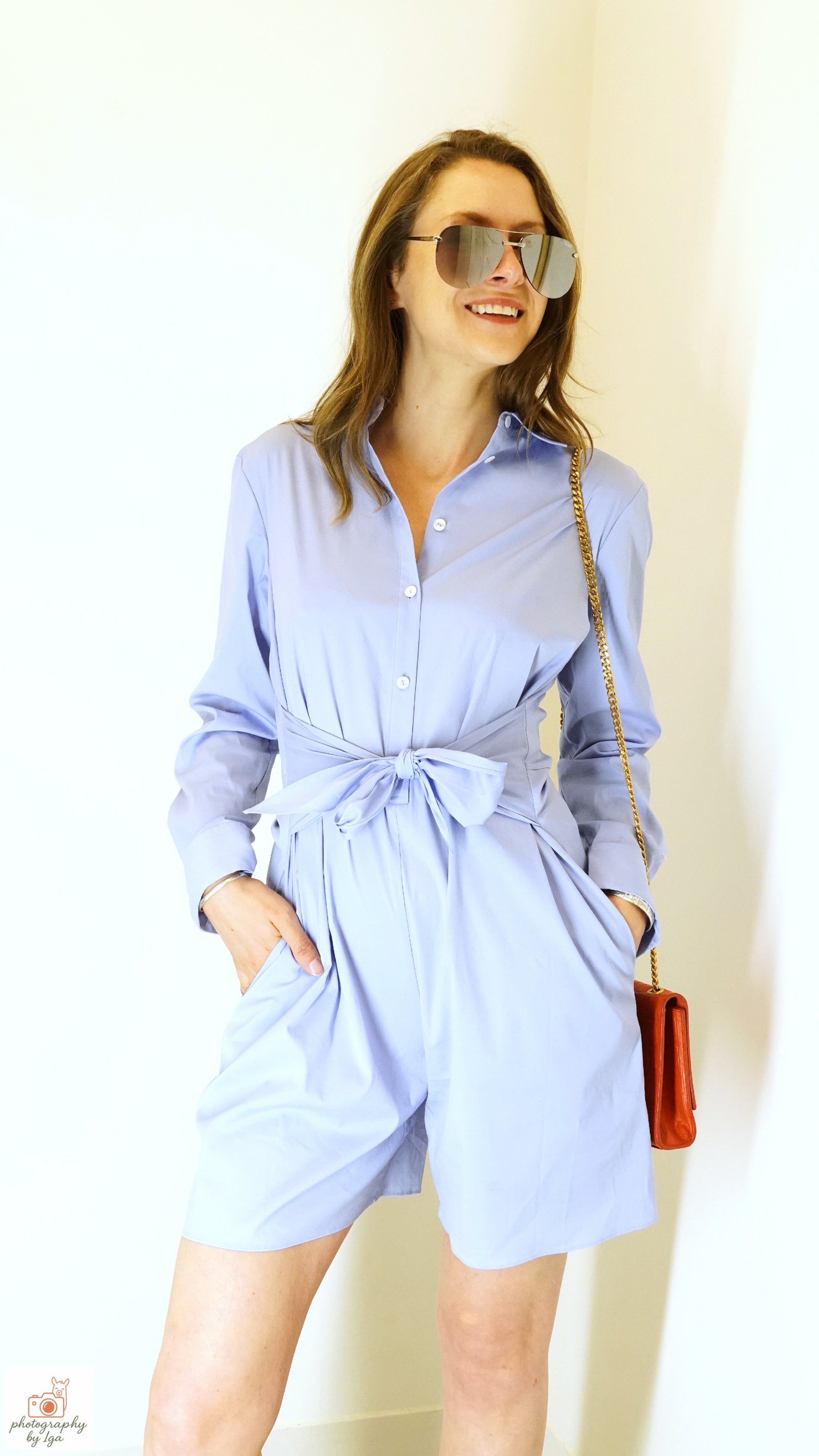 Theory Blue Tie‑Waist Long‑Sleeve Romper