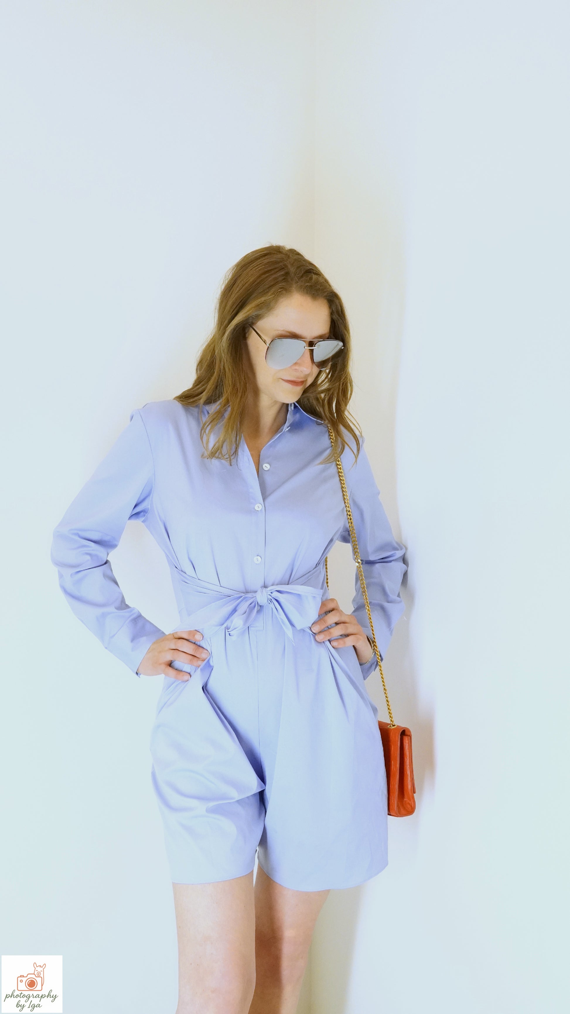 Theory Blue Tie‑Waist Long‑Sleeve Romper