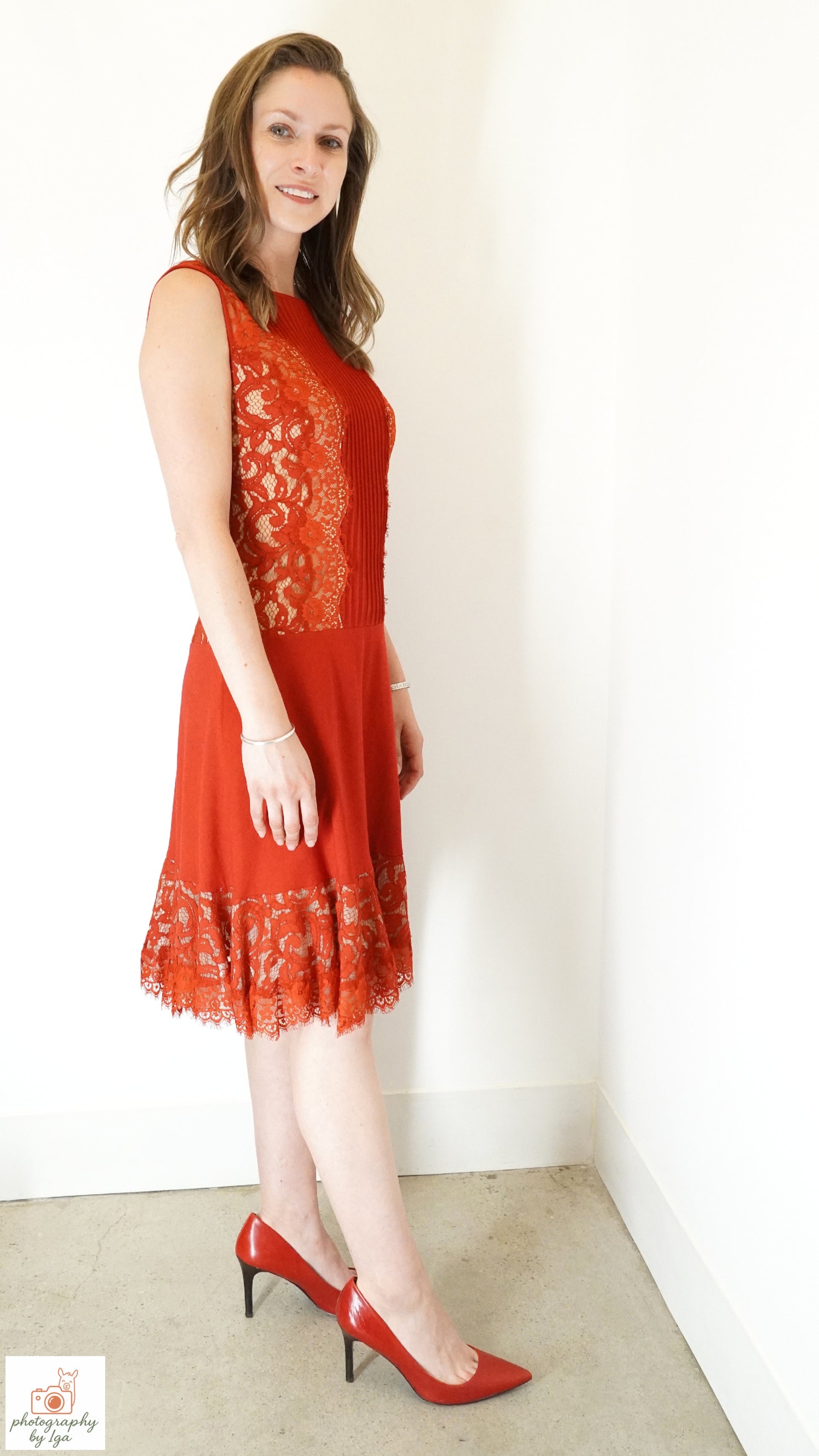 Tadashi Shoji Red Lace Panel Pintuck Fit and Flare Cocktail Dress