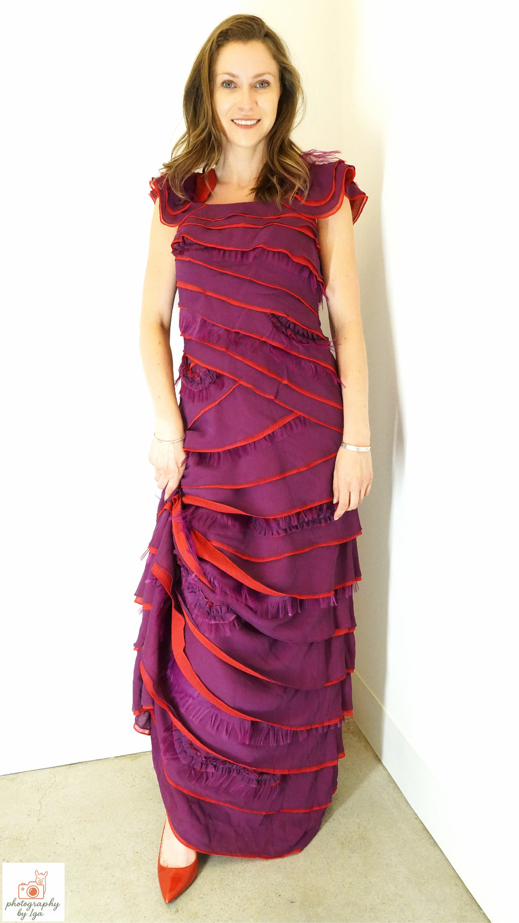 Tadashi Shoji Magenta Tiered Frill Maxi Dress
