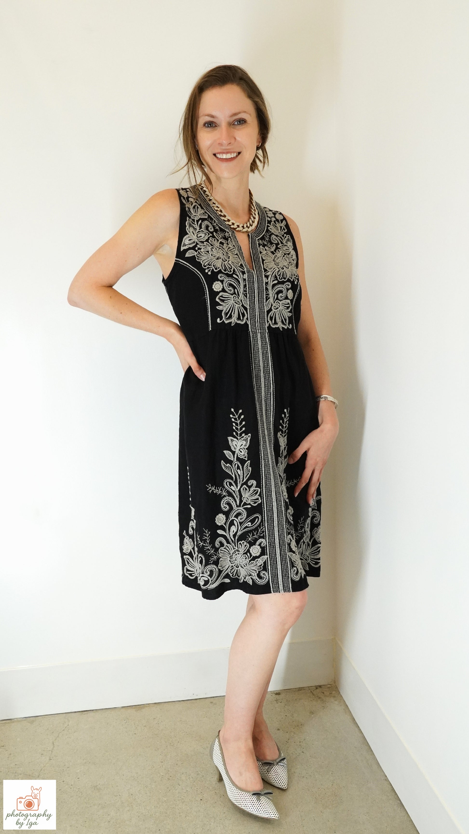 Johnny Was Black Embroidered Linen Tank Dress
