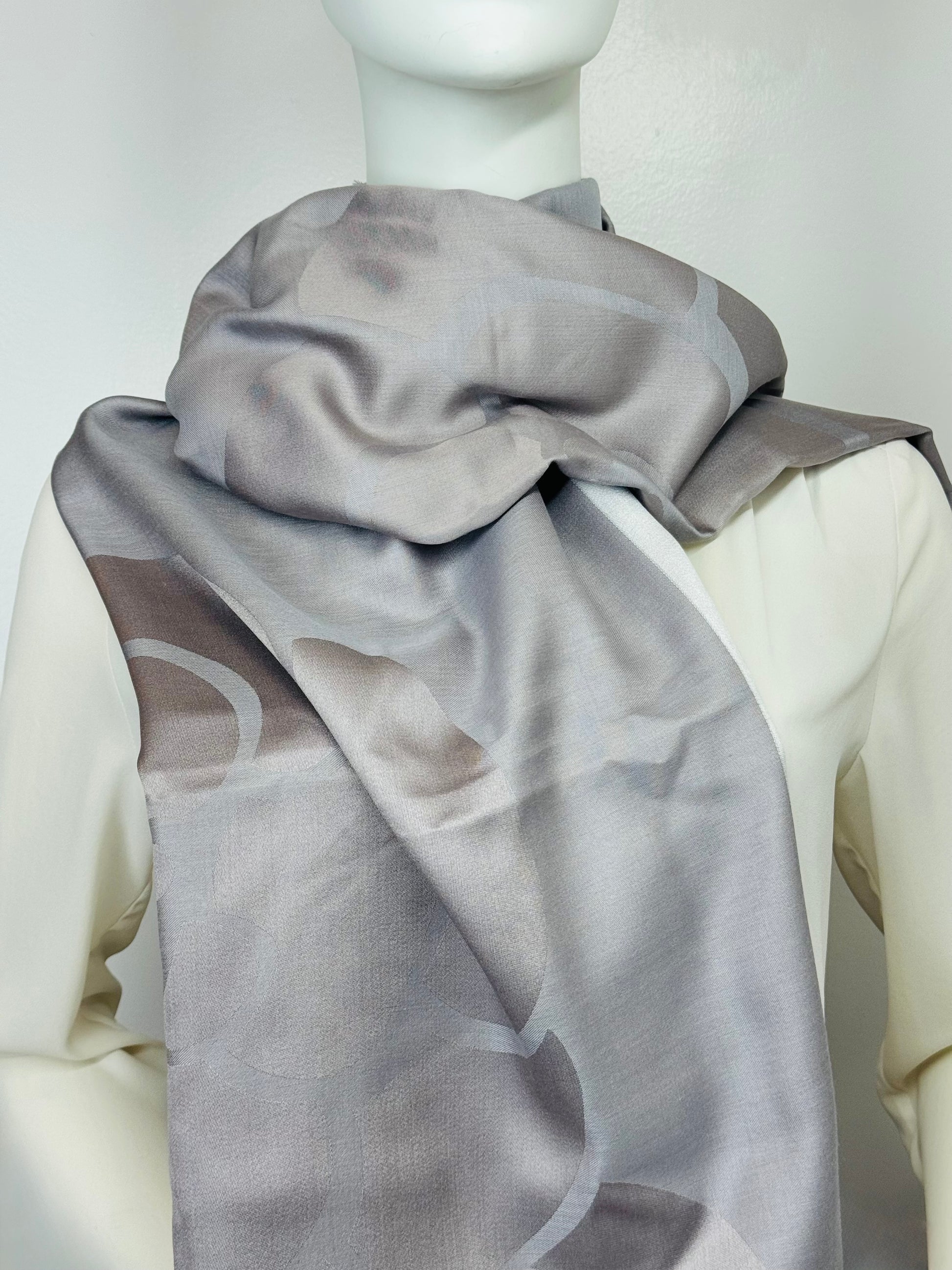 Chanel Grey Camellia Flower Silk Scarf