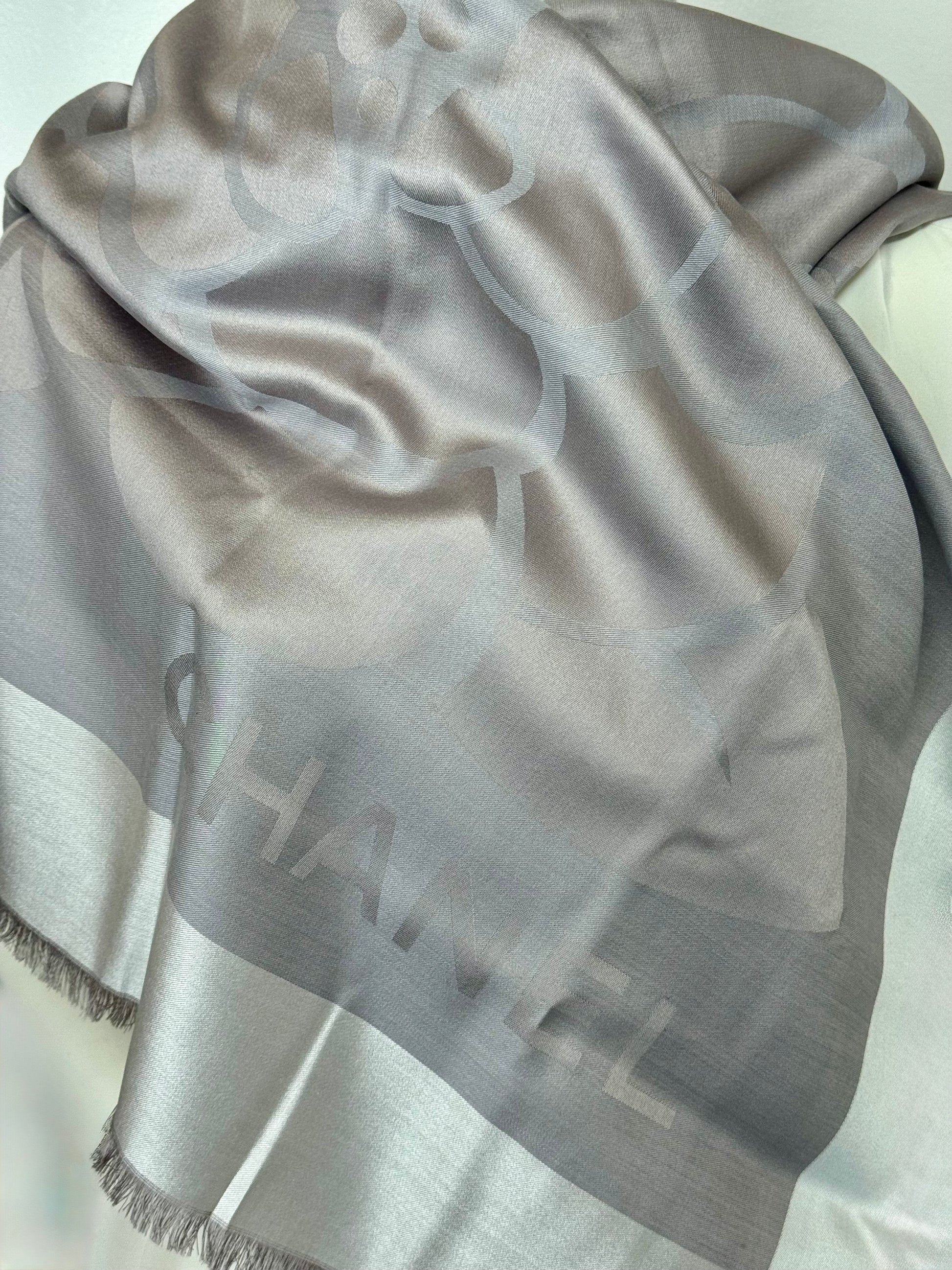 Chanel Grey Camellia Flower Silk Scarf
