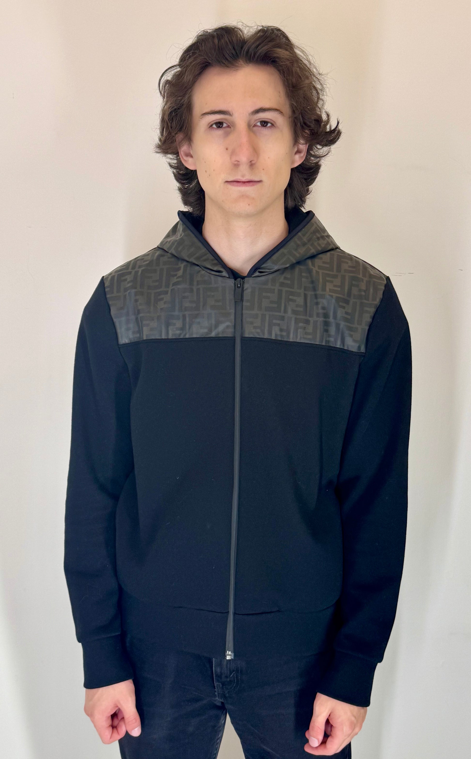 Fendi FF Mesh Panel Zip Up Hoodie (Black)