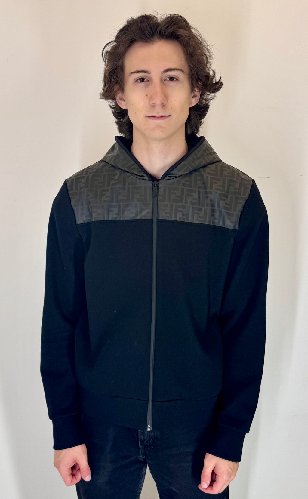 Fendi FF Mesh Panel Zip Up Hoodie (Black)
