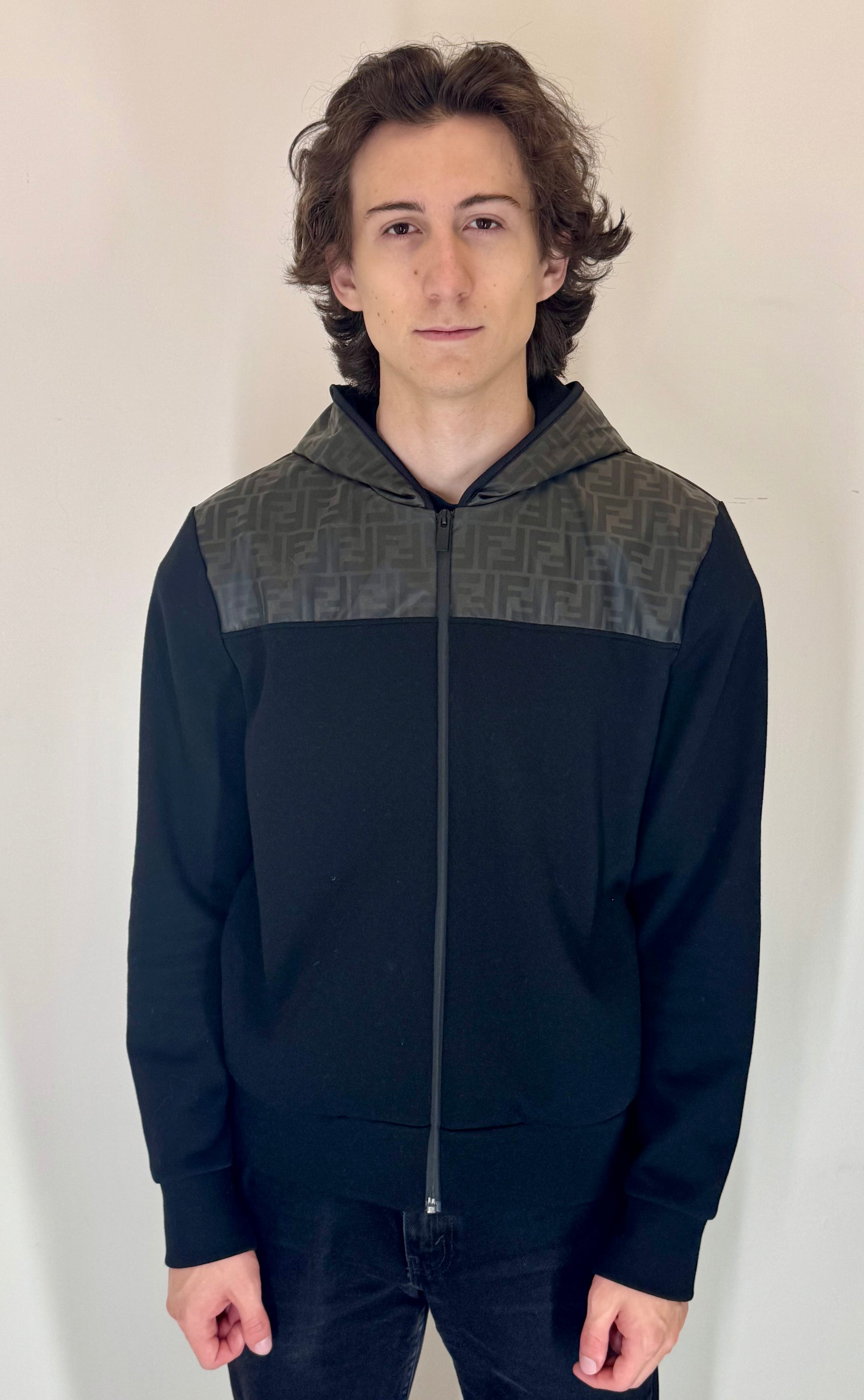 Fendi FF Mesh Panel Zip Up Hoodie (Black)