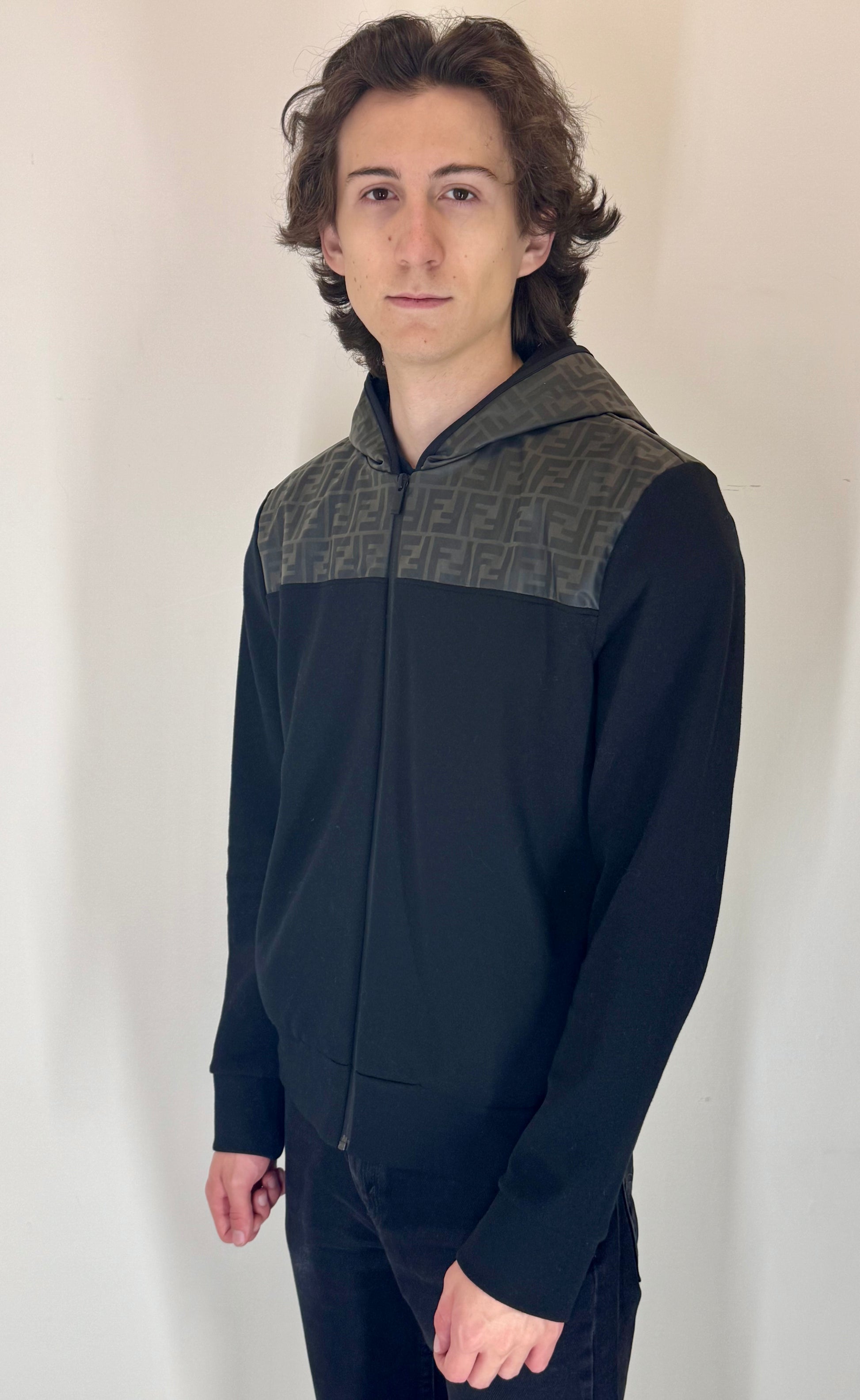 Fendi FF Mesh Panel Zip Up Hoodie (Black)
