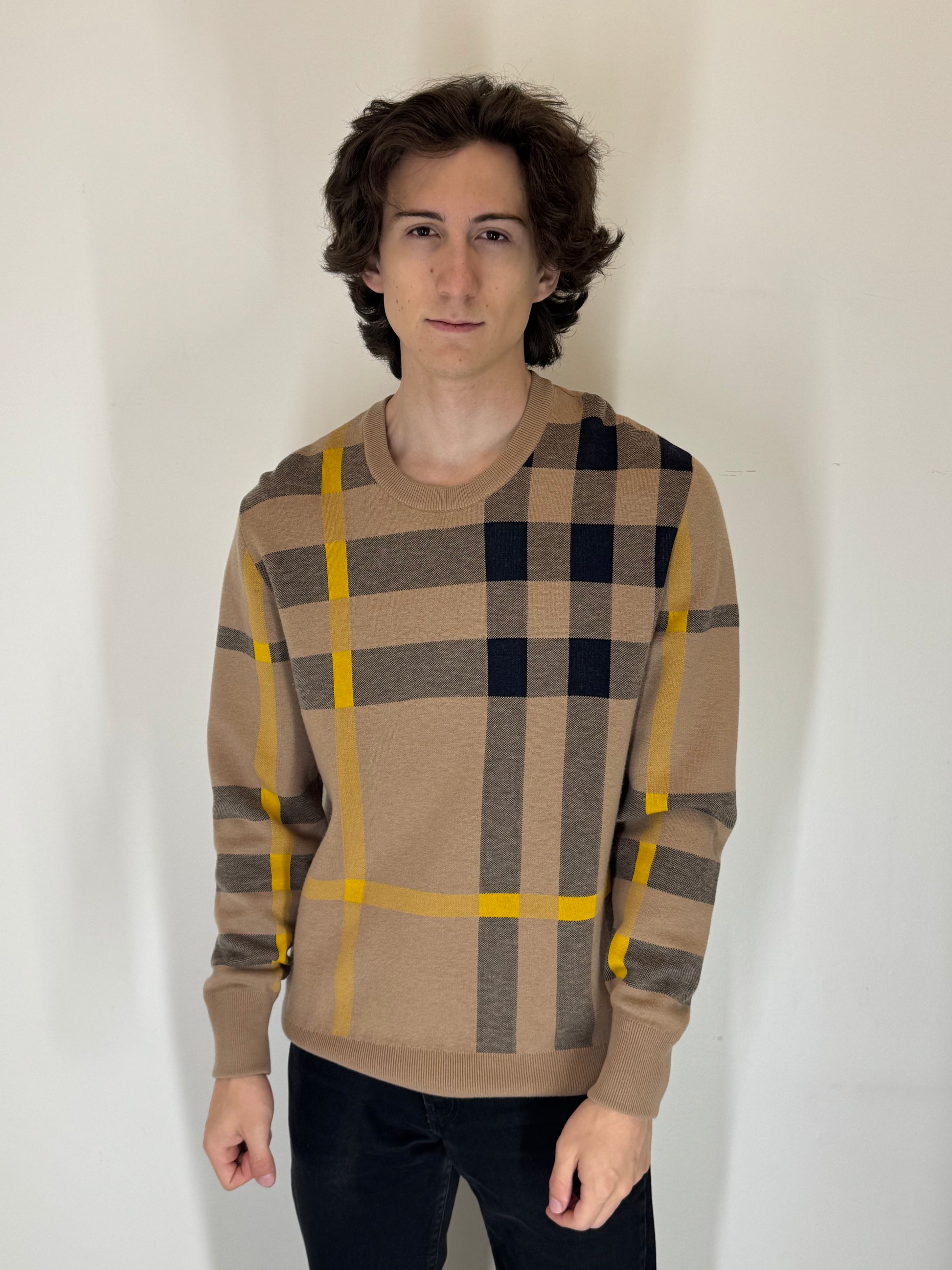 Burberry “Camel Heritage Check” Crewneck Sweater