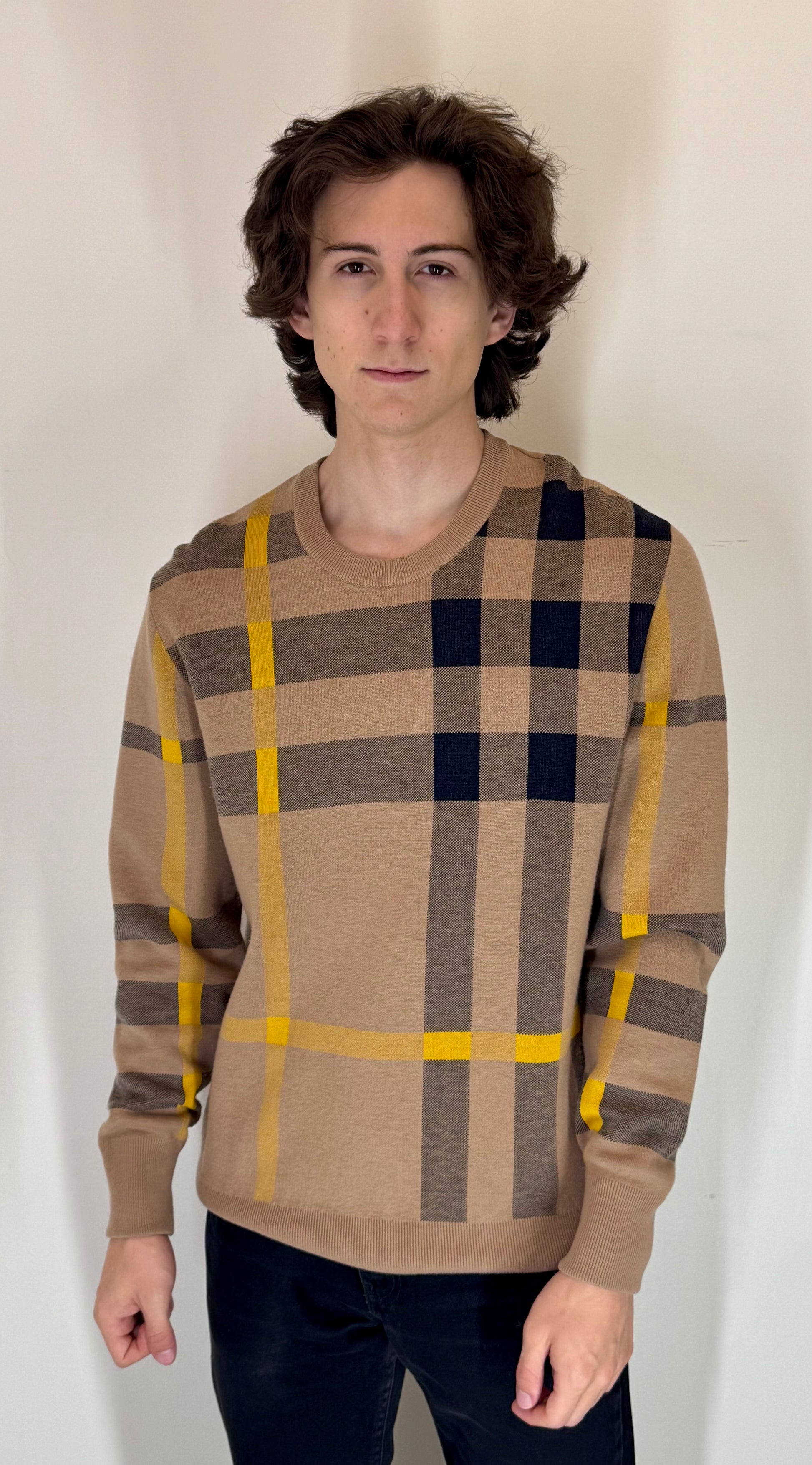 Burberry “Camel Heritage Check” Crewneck Sweater