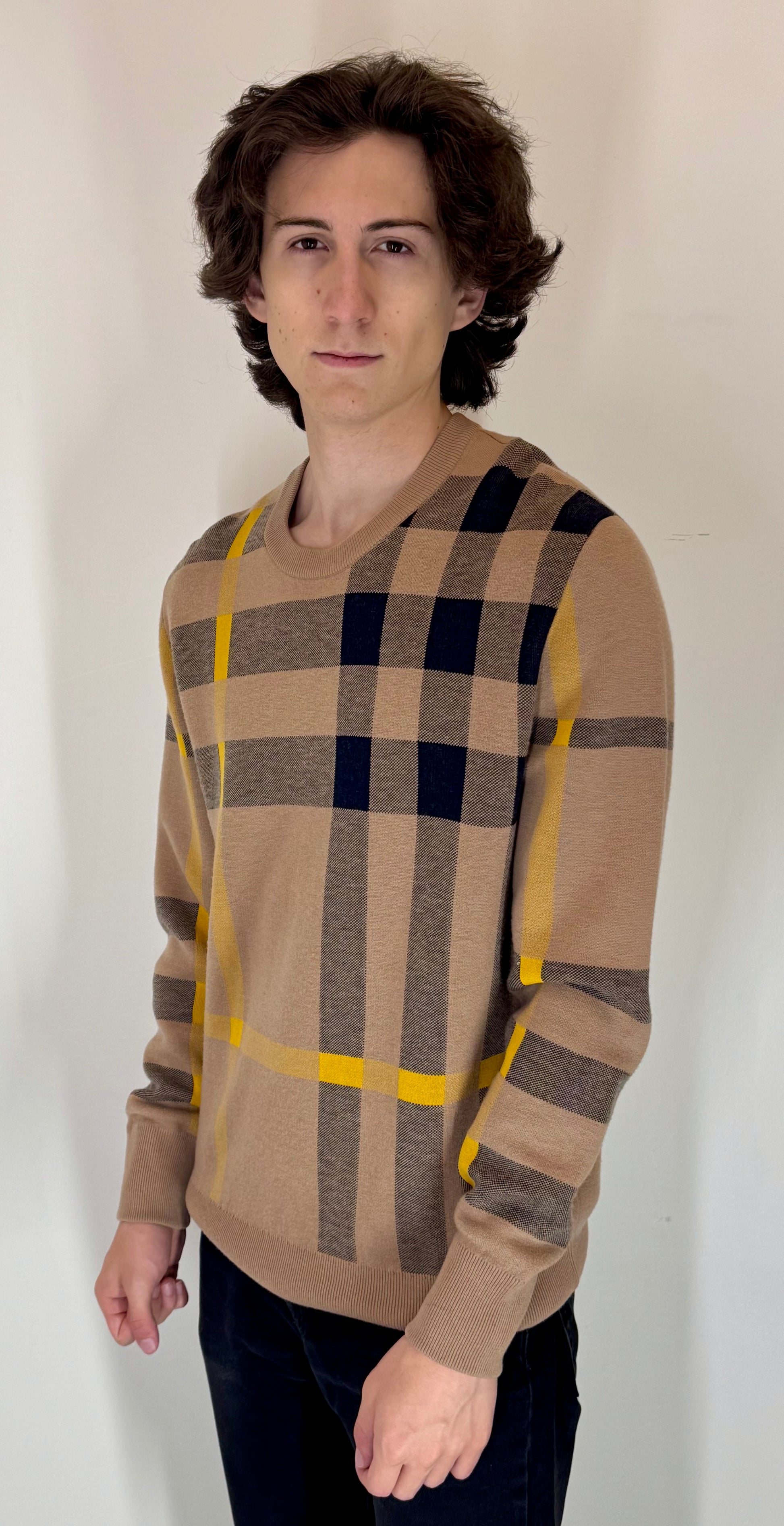 Burberry “Camel Heritage Check” Crewneck Sweater
