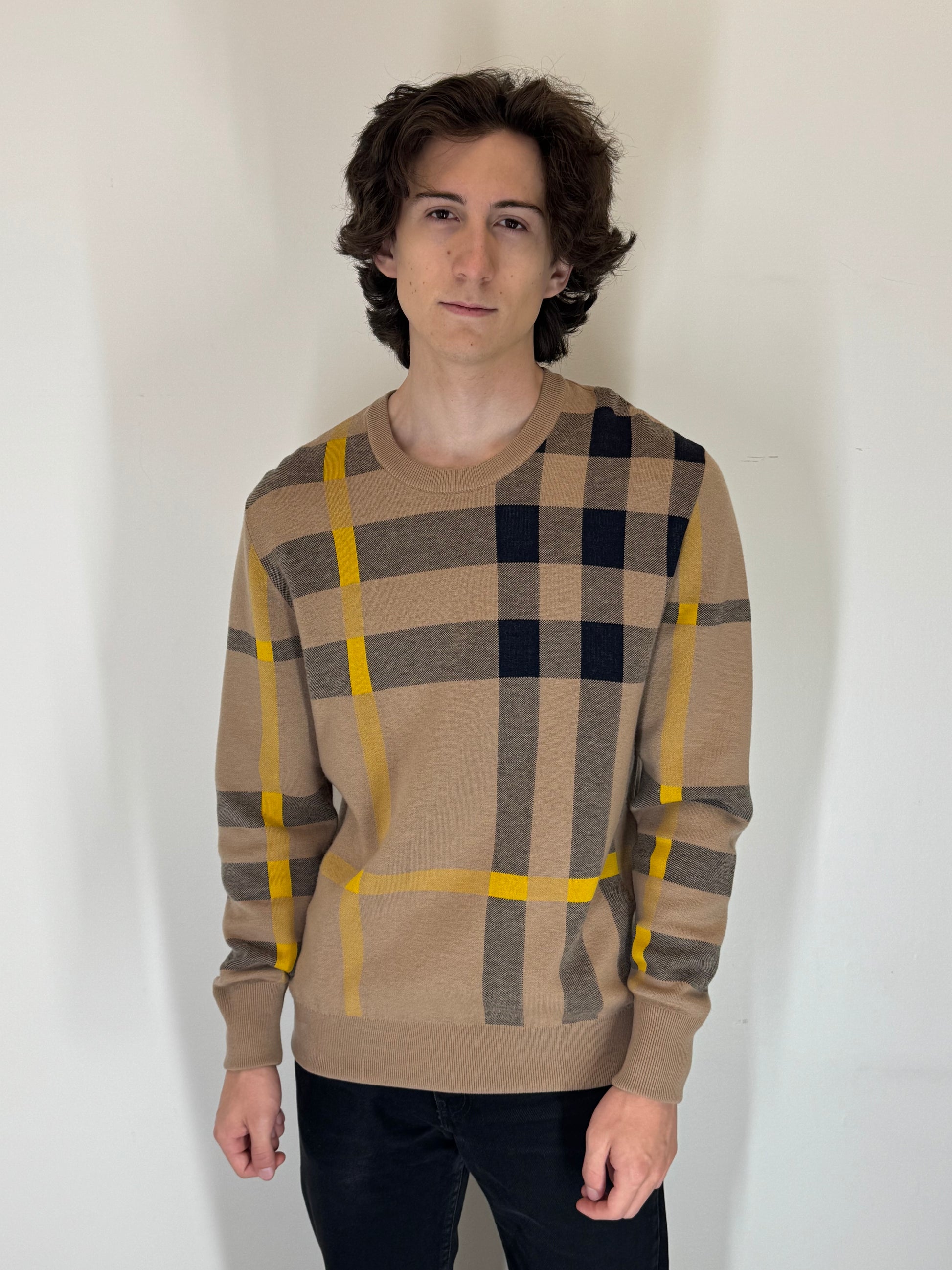 Burberry “Camel Heritage Check” Crewneck Sweater