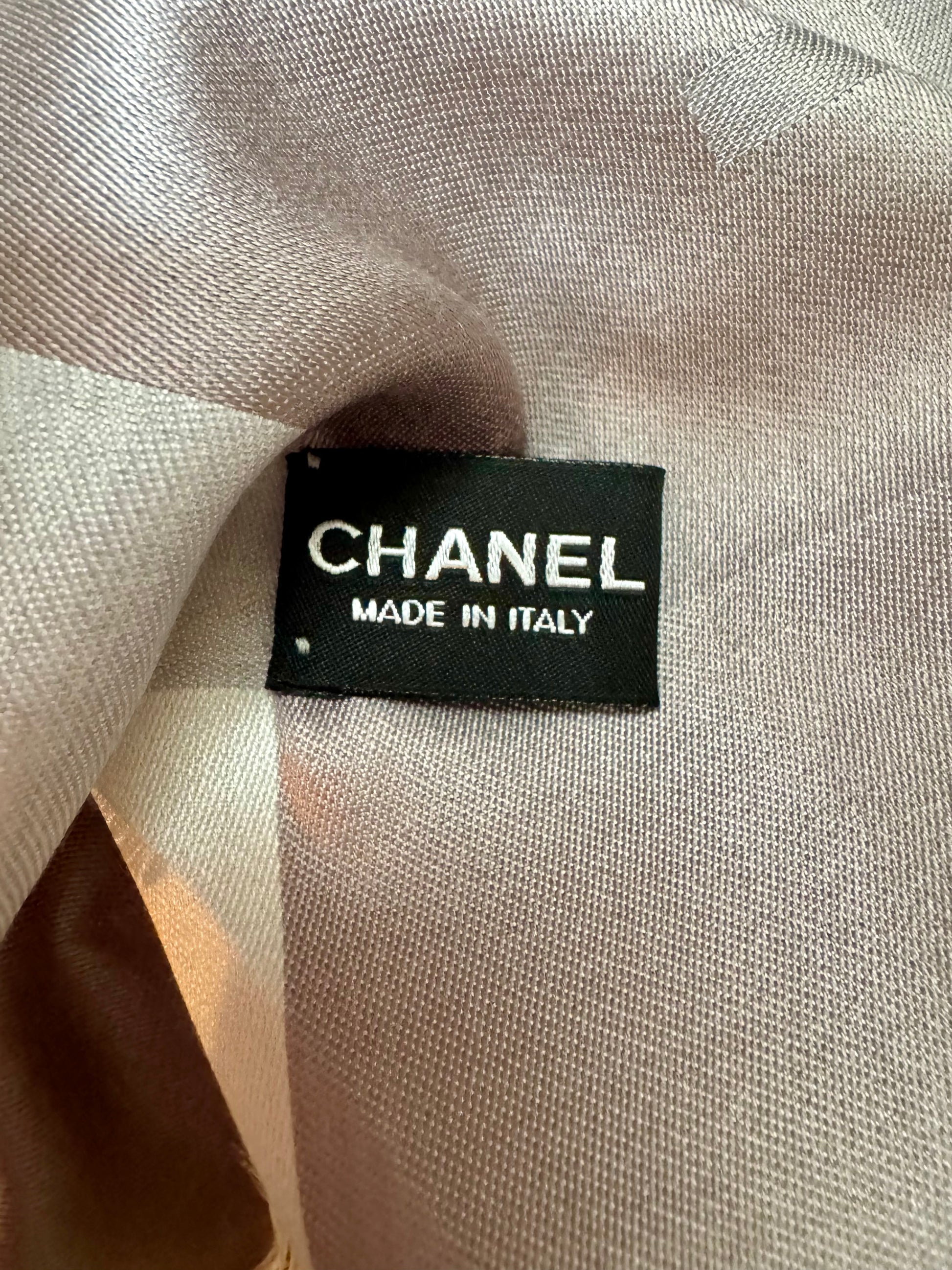 Chanel Grey Camellia Flower Silk Scarf
