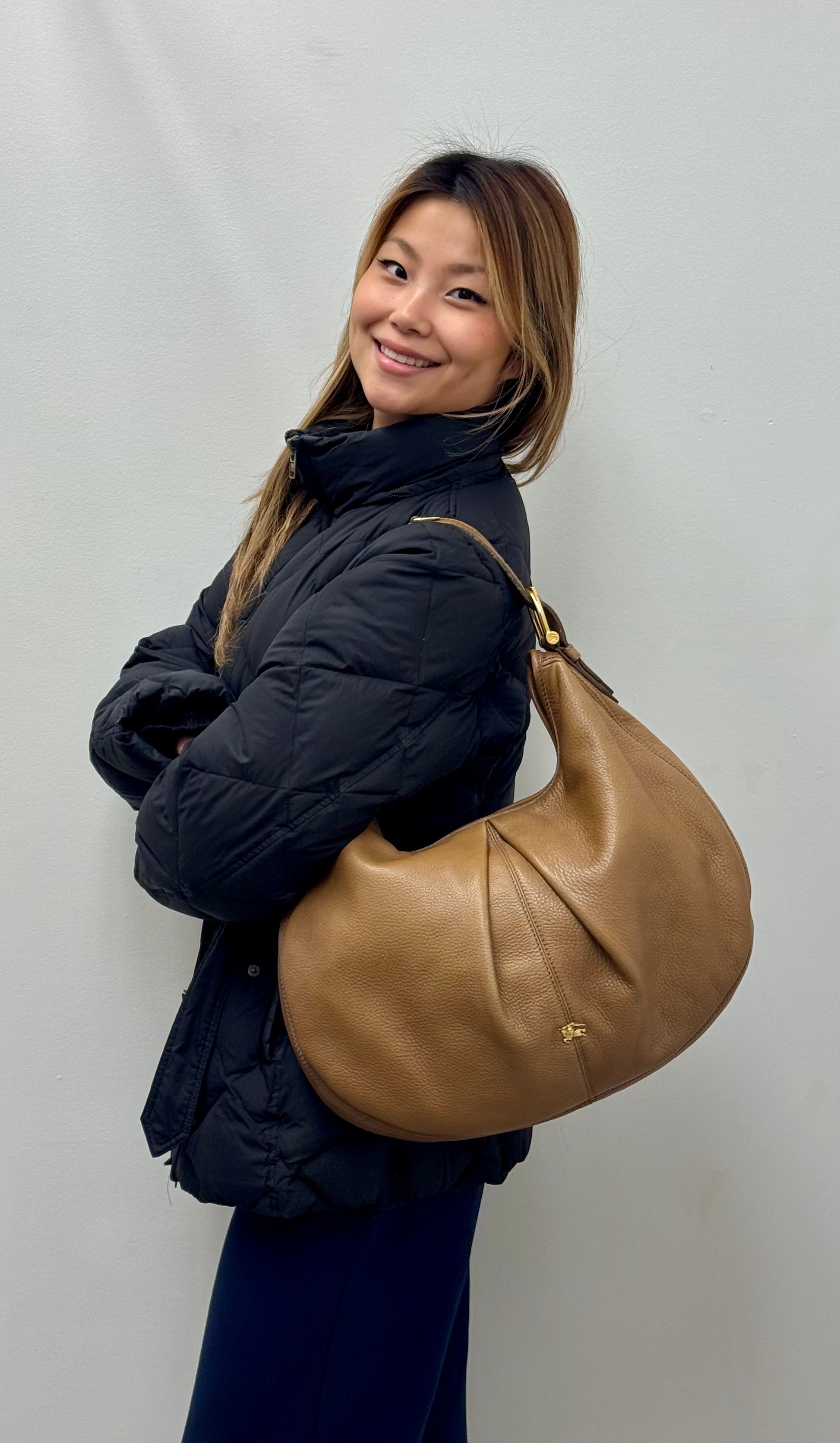 Burberry Tan Pebbled Leather Pleated Hobo Bag