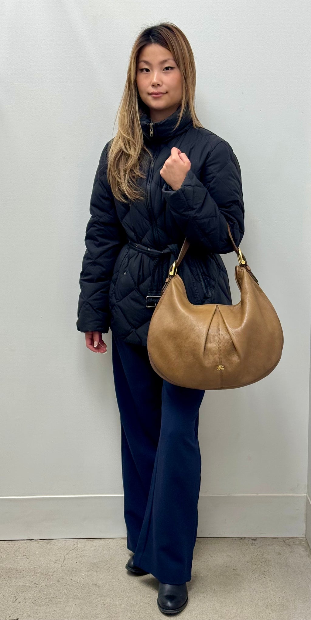 Burberry Tan Pebbled Leather Pleated Hobo Bag