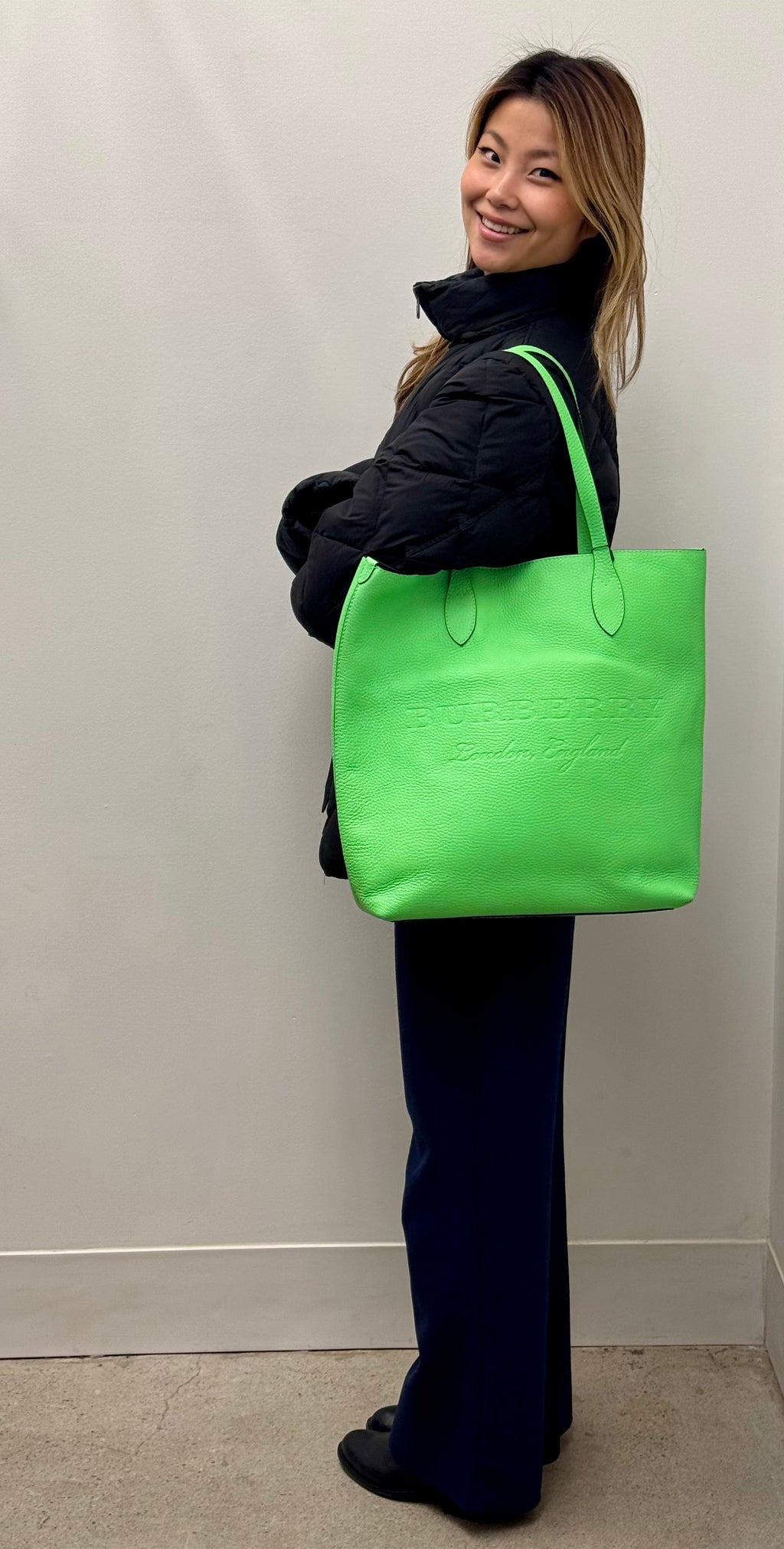 Burberry Neon Green Grainy Leather Remington Tote Bag