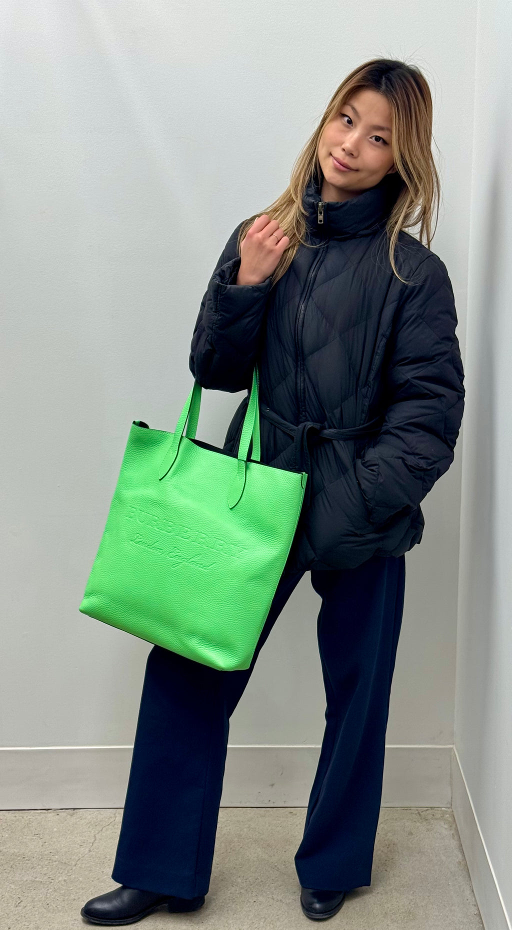 Burberry Neon Green Grainy Leather Remington Tote Bag