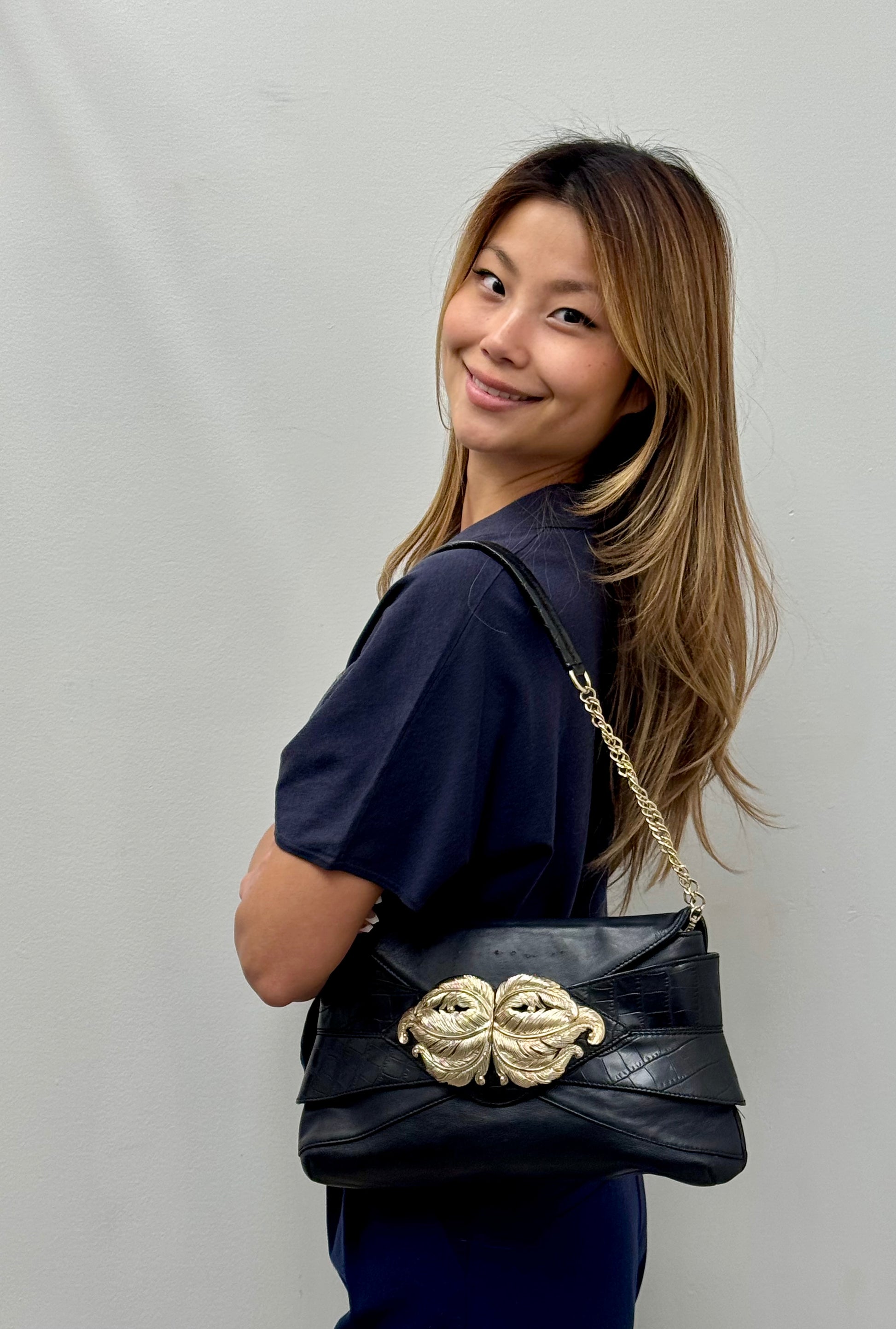 Valentino Garavani Vintage Black Leather Gold Leaf Clasp Shoulder Bag