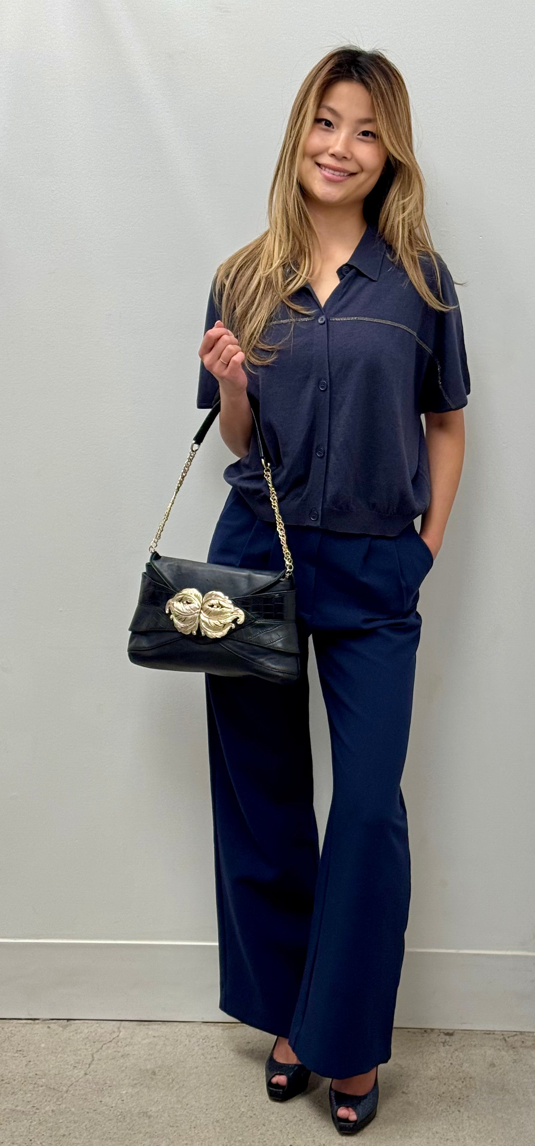 Valentino Garavani Vintage Black Leather Gold Leaf Clasp Shoulder Bag