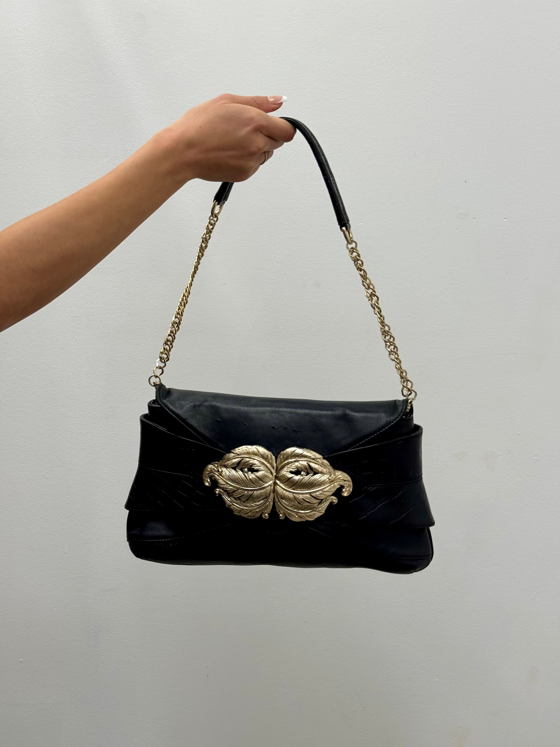 Valentino Garavani Vintage Black Leather Gold Leaf Clasp Shoulder Bag