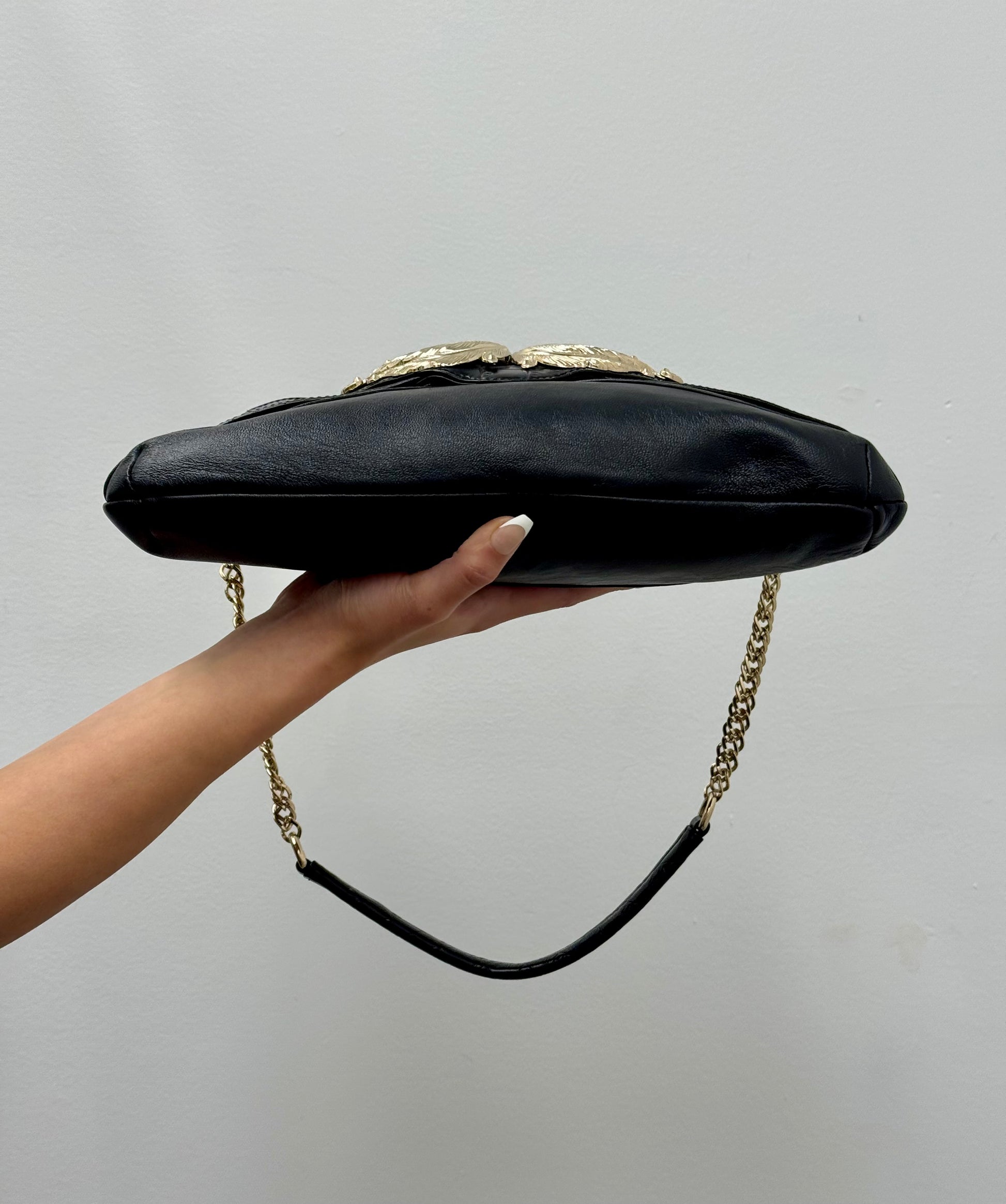 Valentino Garavani Vintage Black Leather Gold Leaf Clasp Shoulder Bag