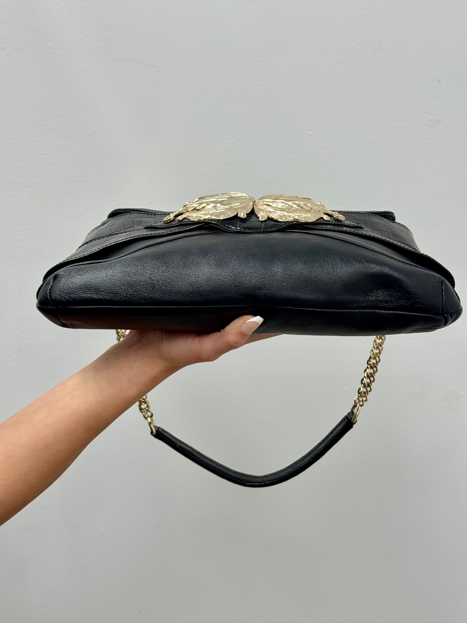 Valentino Garavani Vintage Black Leather Gold Leaf Clasp Shoulder Bag