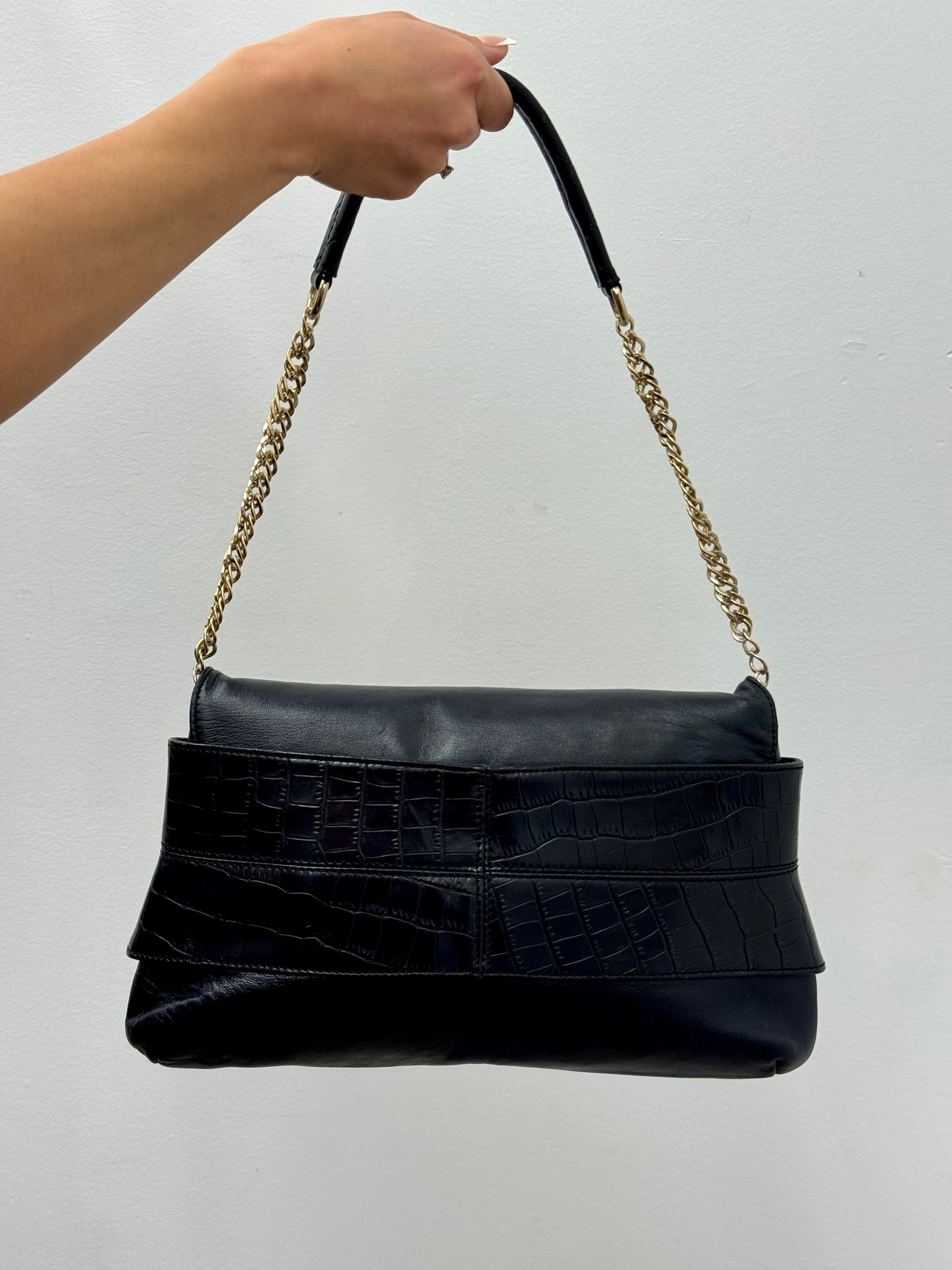Valentino Garavani Vintage Black Leather Gold Leaf Clasp Shoulder Bag
