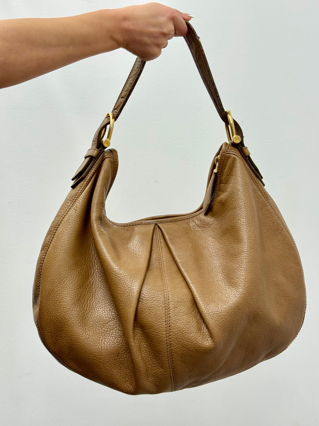 Burberry Tan Pebbled Leather Pleated Hobo Bag