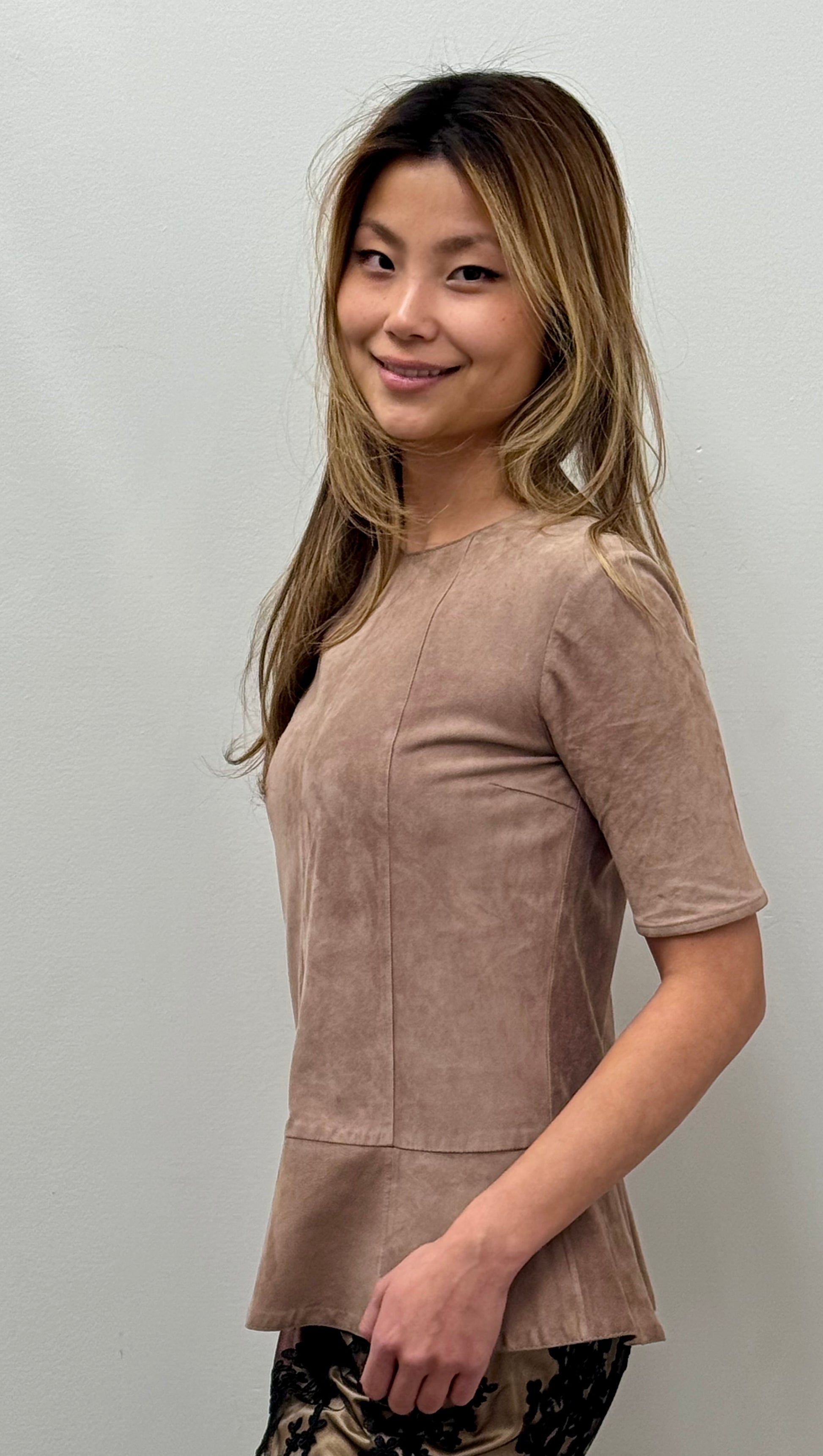 Brunello Cucinelli Suede Short Sleeve Peplum Top in Rope