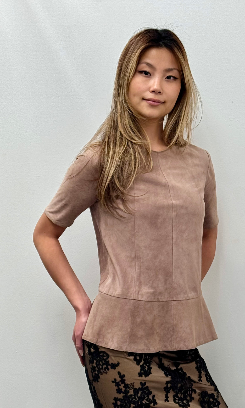 Brunello Cucinelli Suede Short Sleeve Peplum Top in Rope