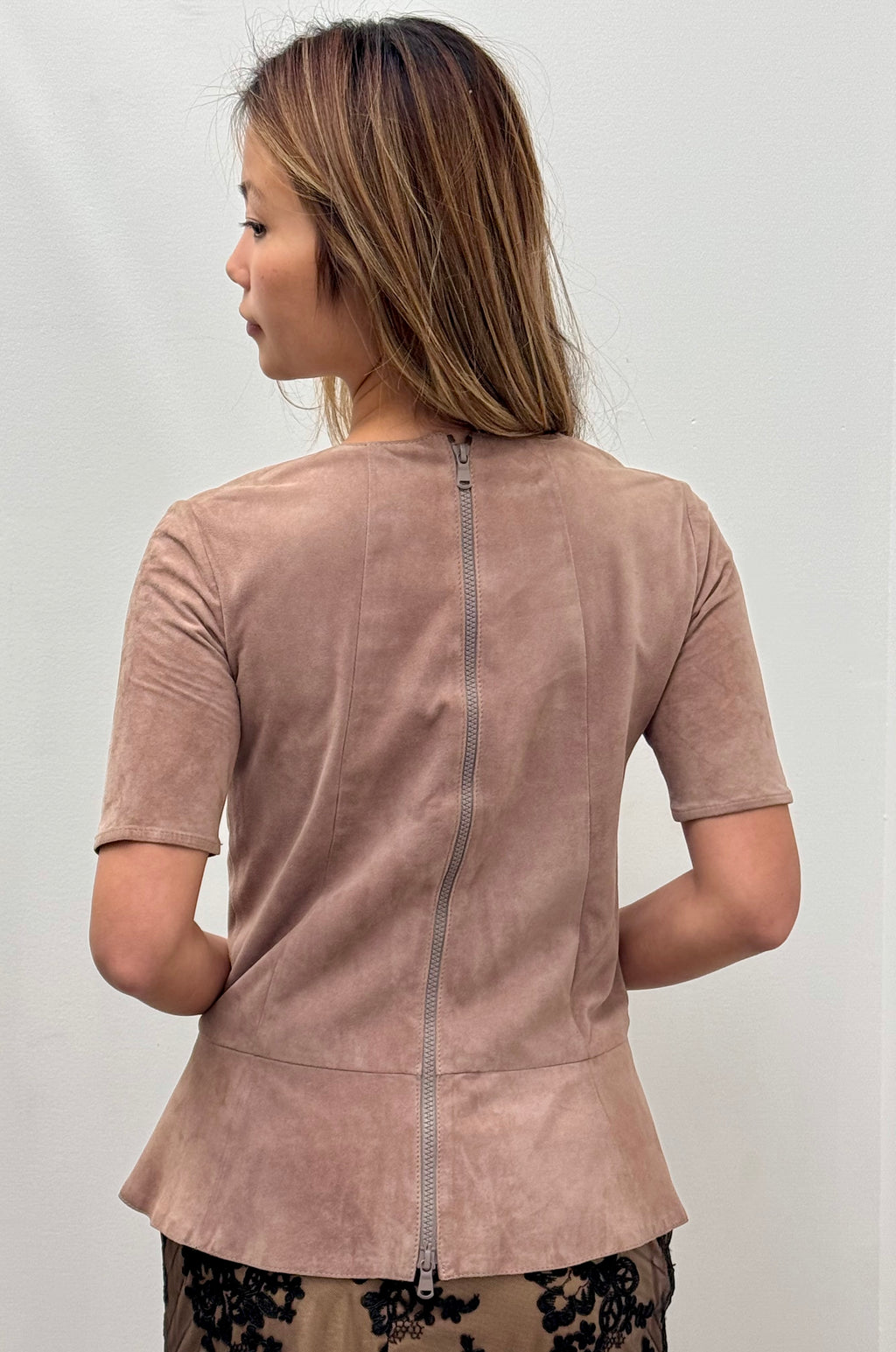 Brunello Cucinelli Suede Short Sleeve Peplum Top in Rope