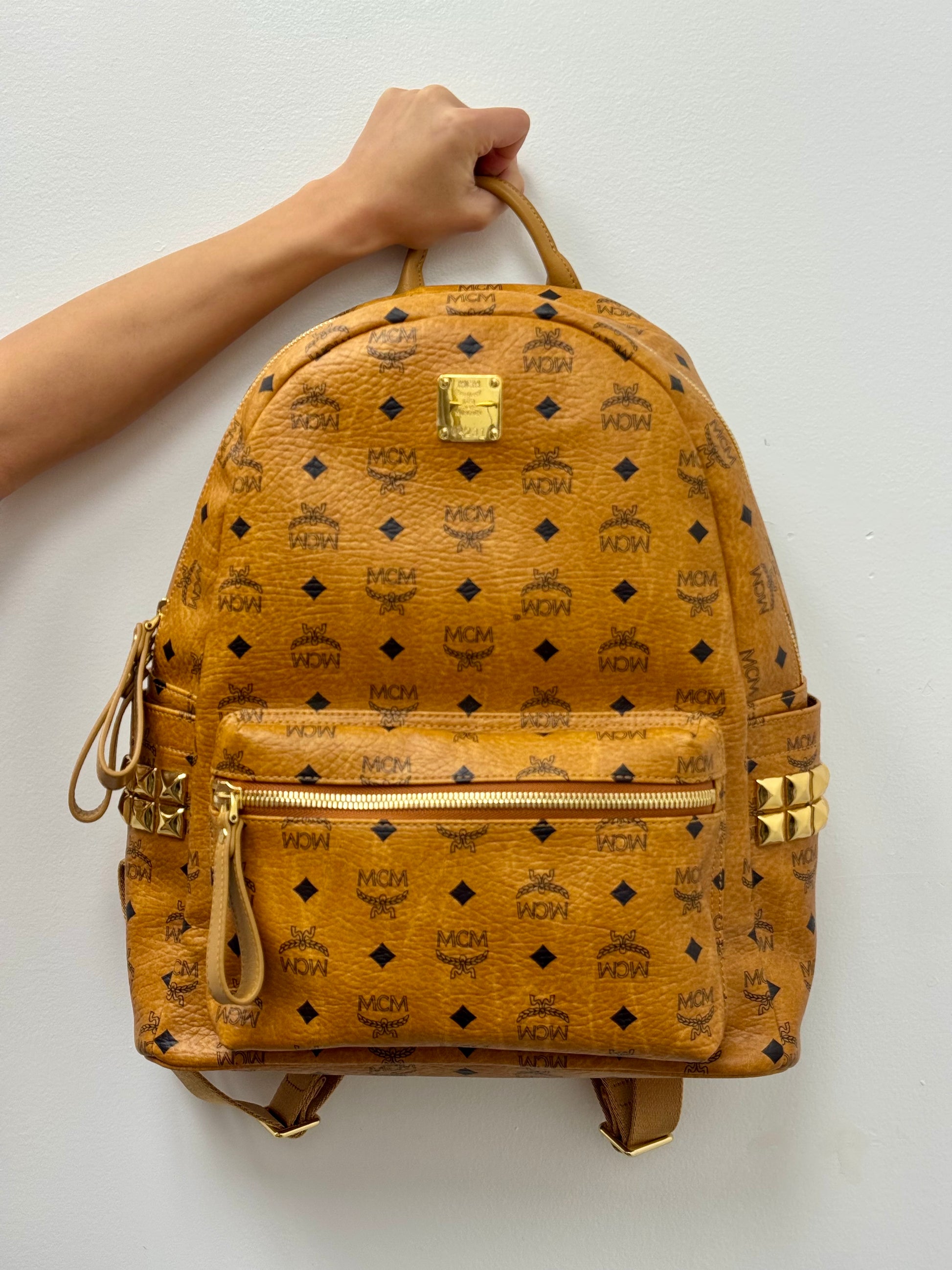 MCM Stark Side Studs Backpack in Visetos Cognac Medium