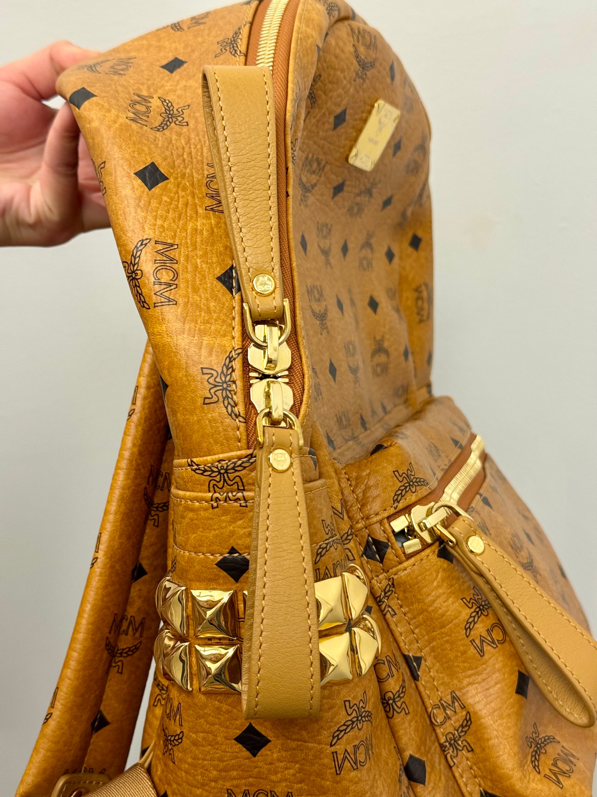 MCM Stark Side Studs Backpack in Visetos Cognac Medium