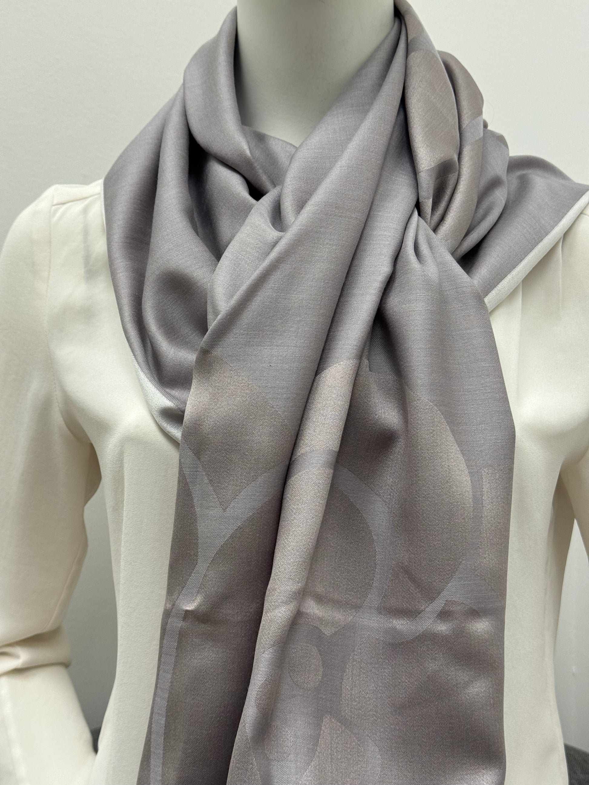 Chanel Grey Camellia Flower Silk Scarf