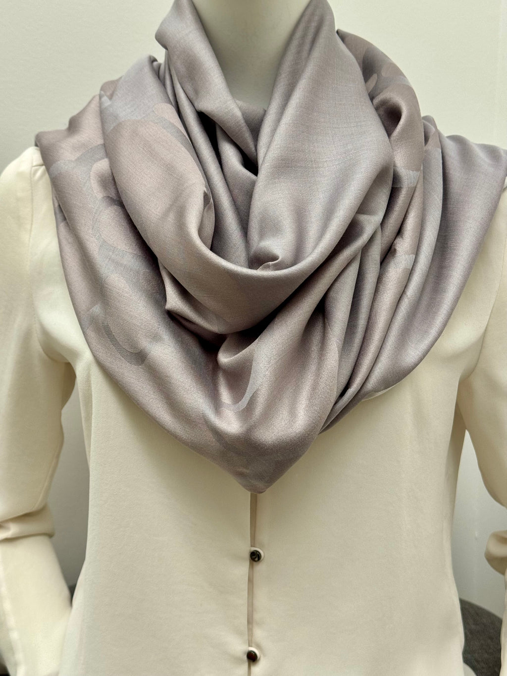 Chanel Grey Camellia Flower Silk Scarf