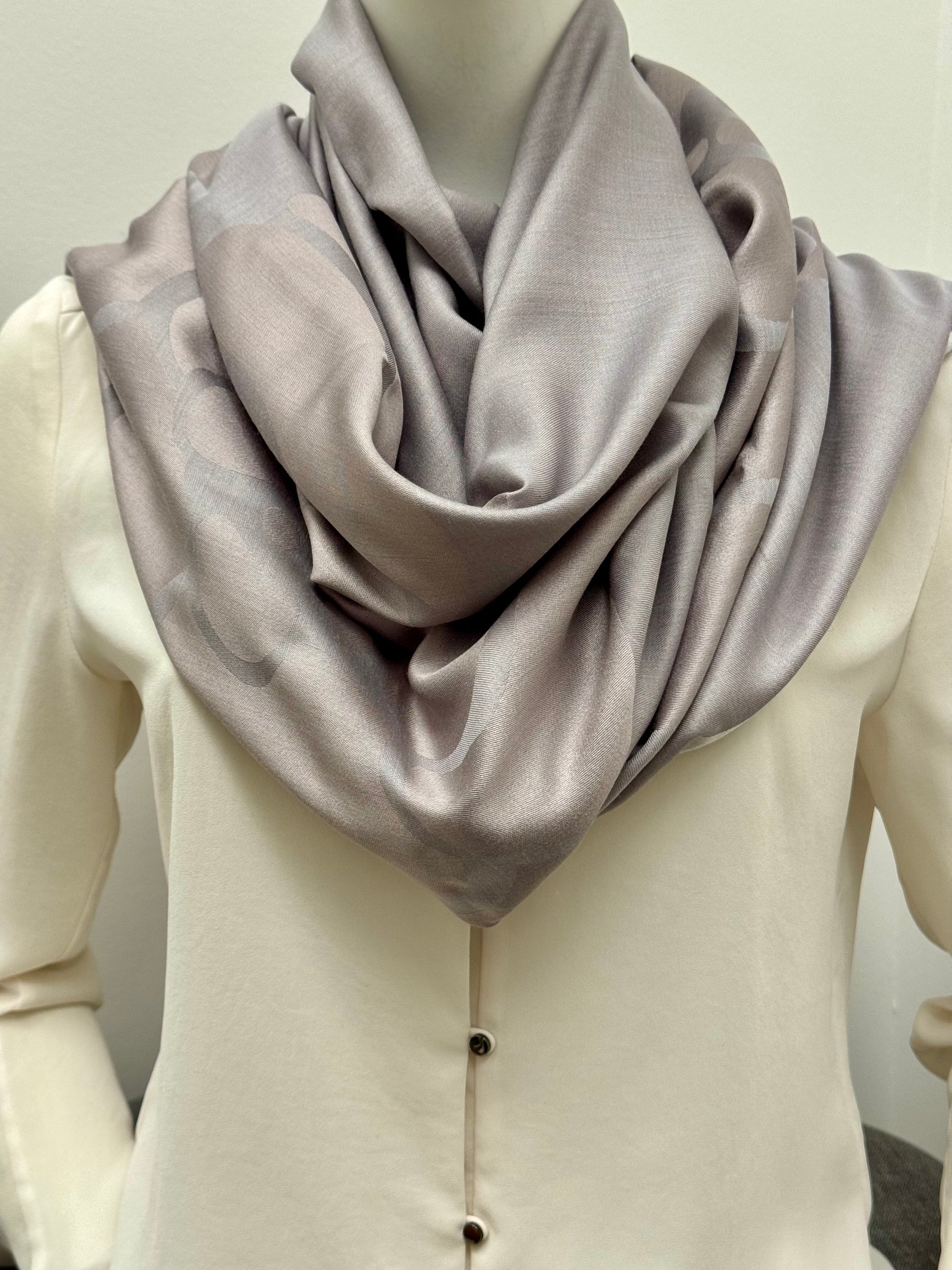 Chanel Grey Camellia Flower Silk Scarf