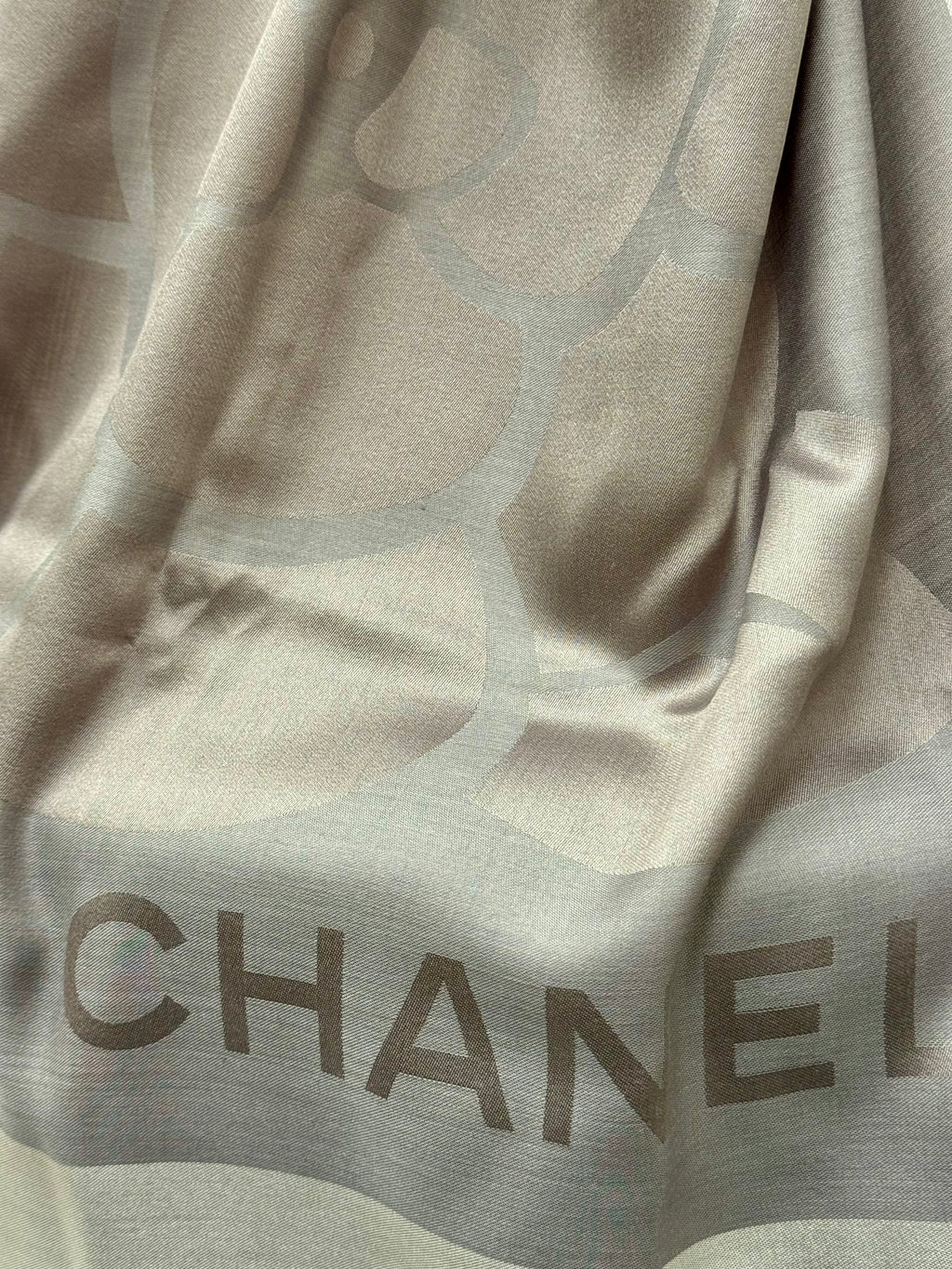 Chanel Grey Camellia Flower Silk Scarf