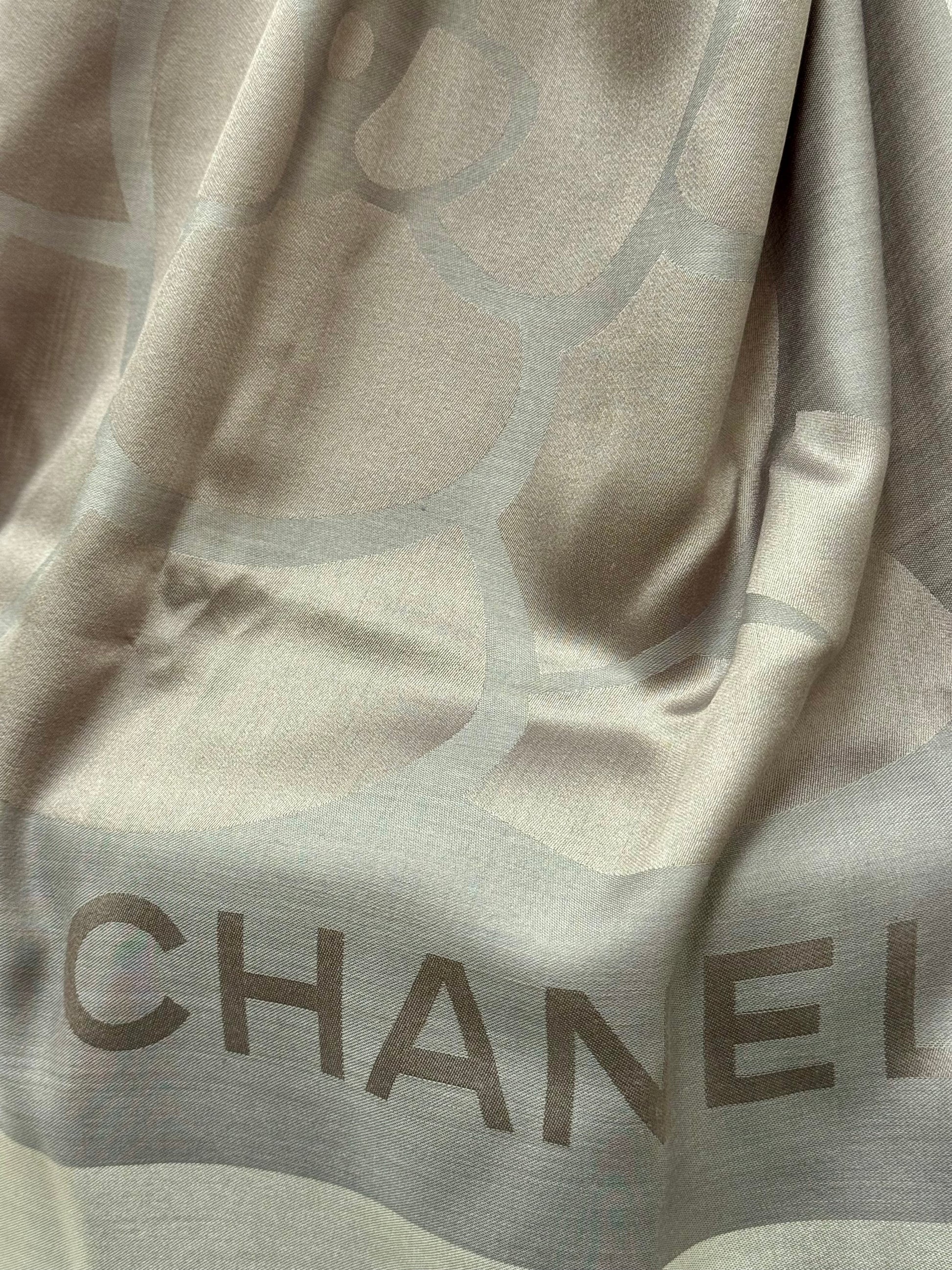 Chanel Grey Camellia Flower Silk Scarf