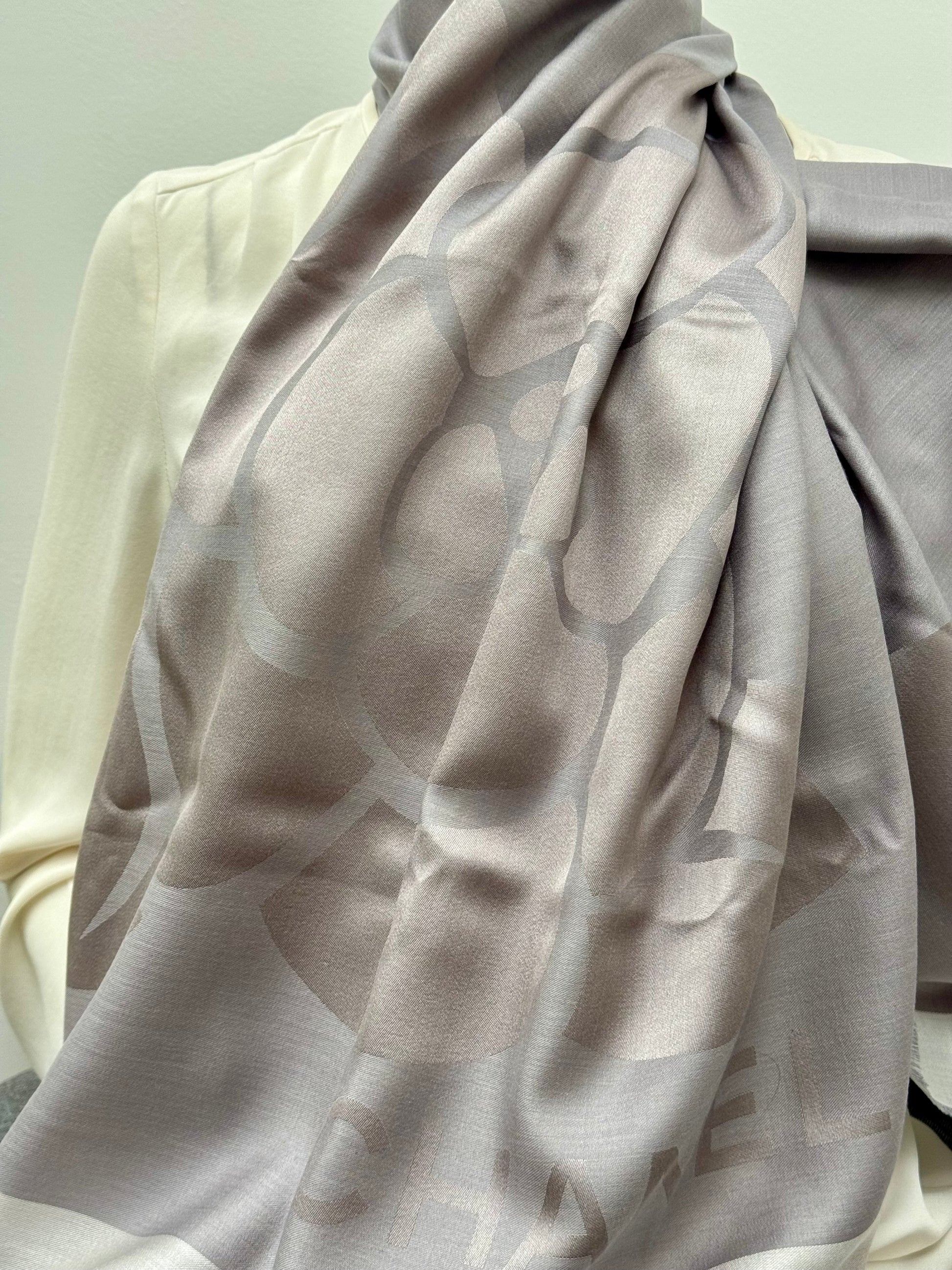 Chanel Grey Camellia Flower Silk Scarf