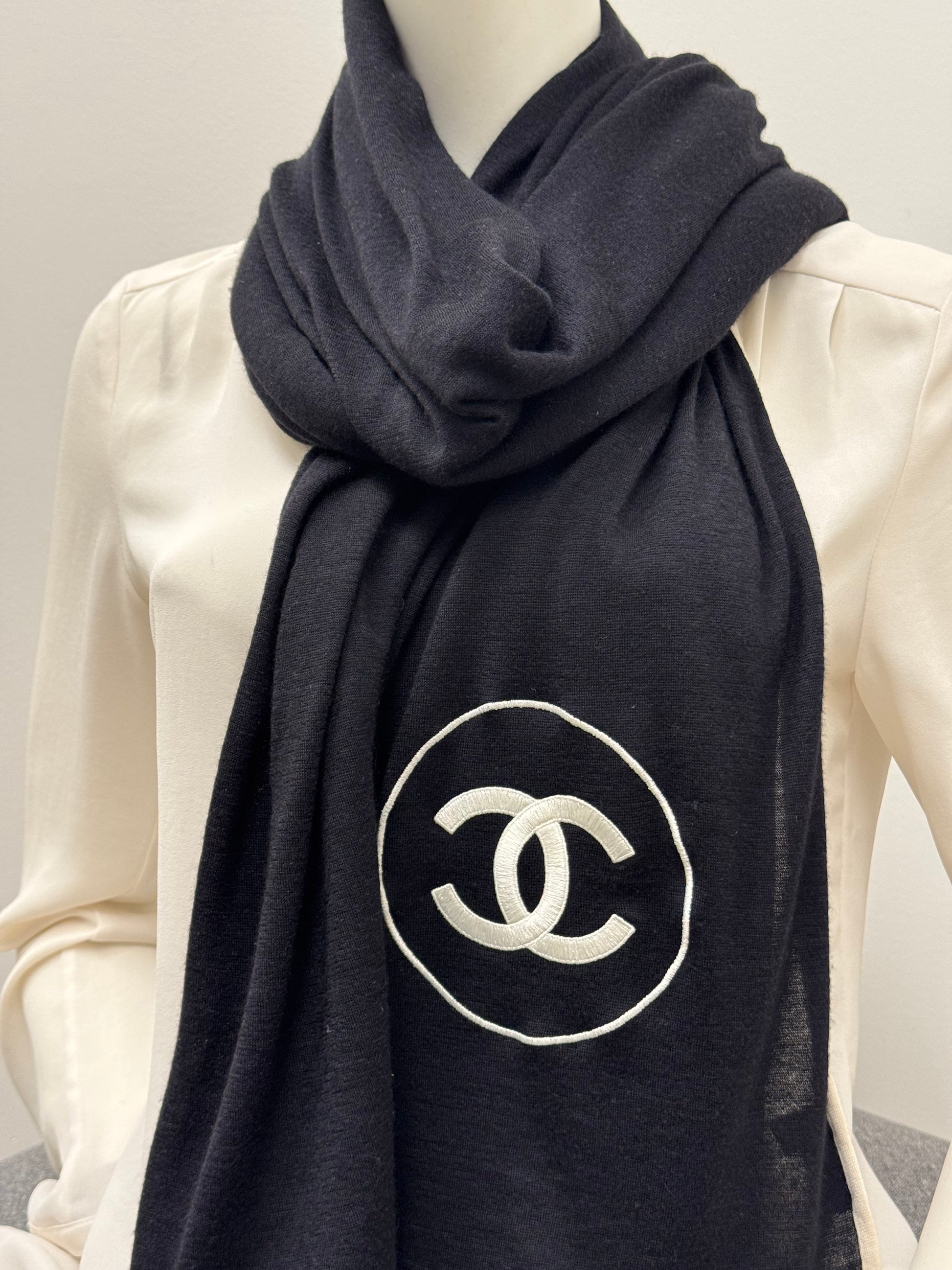 Chanel Black and White Cashmere CC Logo Scarf