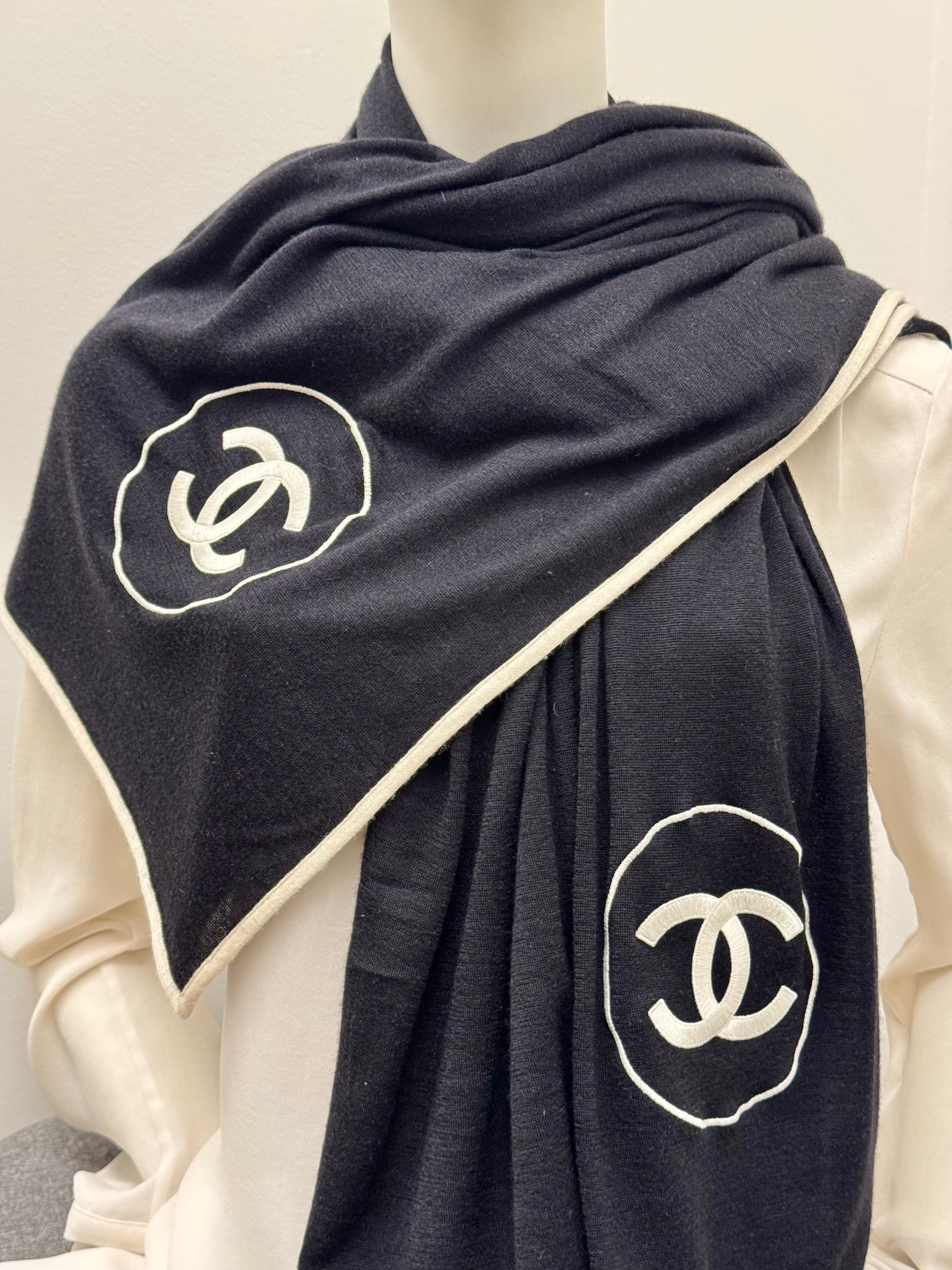 Chanel Black and White Cashmere CC Logo Scarf