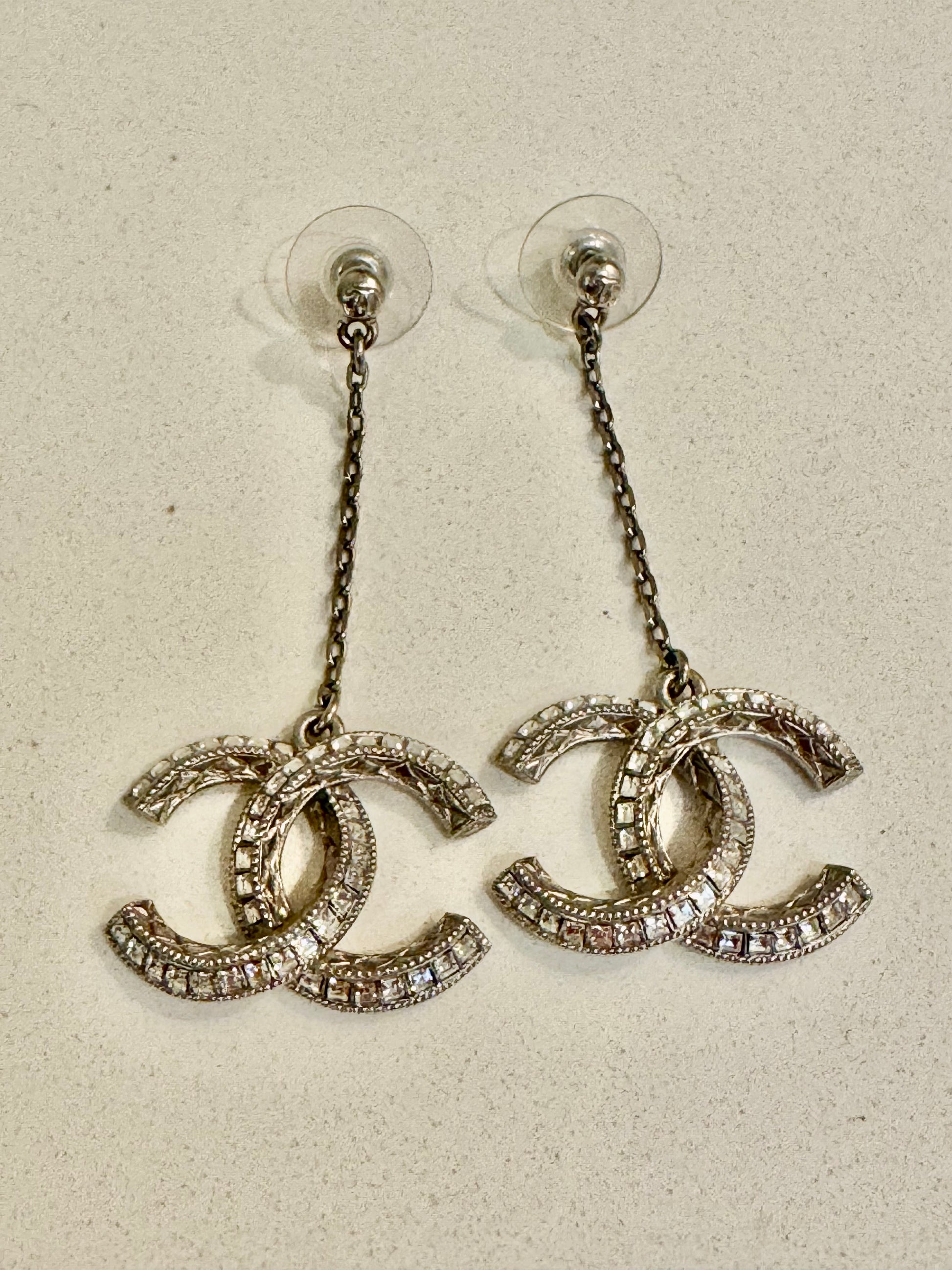 Chanel CC Crystal Chain Drop Earrings in Silver Tone