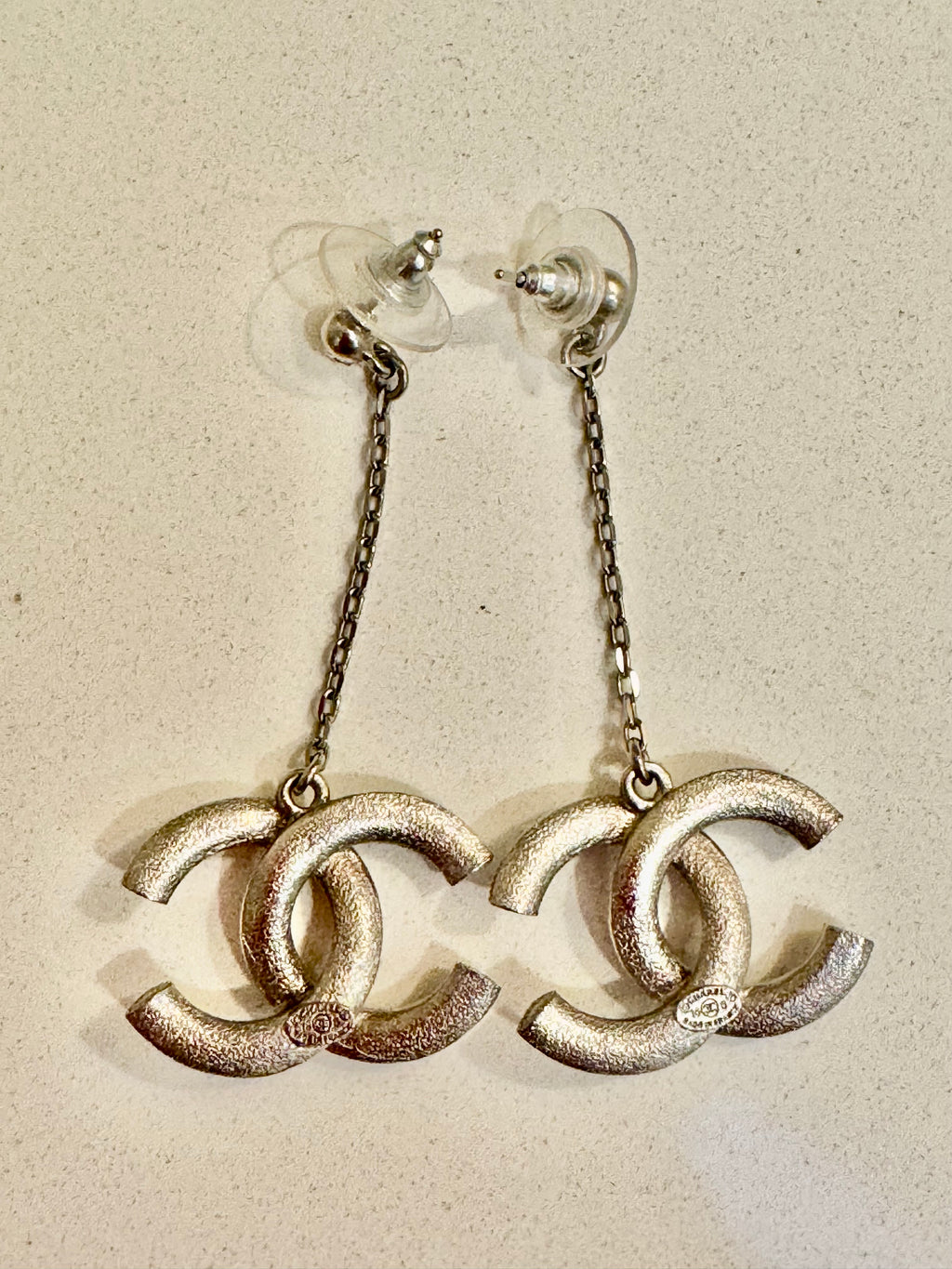 Chanel CC Crystal Chain Drop Earrings in Silver Tone