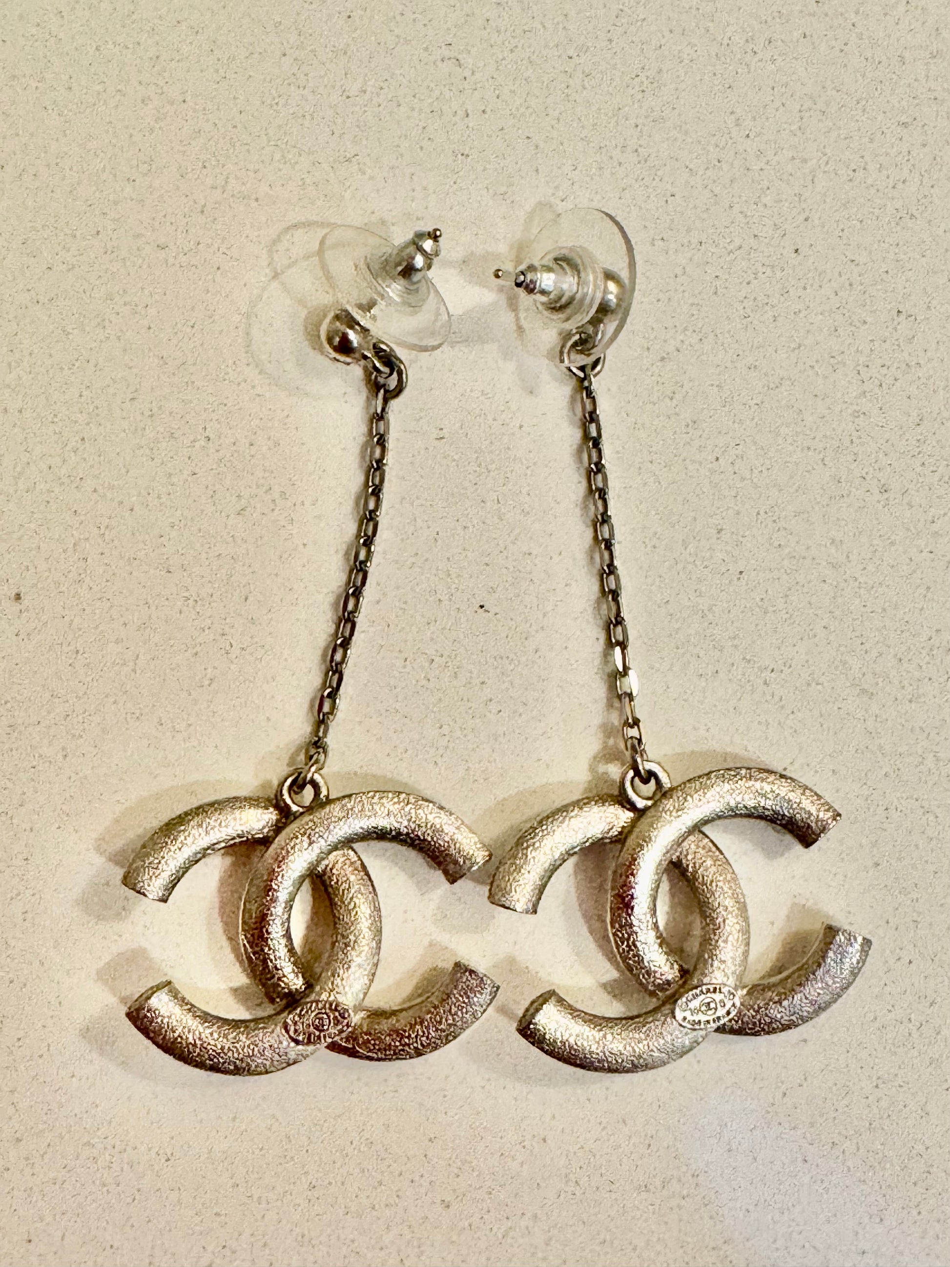 Chanel CC Crystal Chain Drop Earrings in Silver Tone