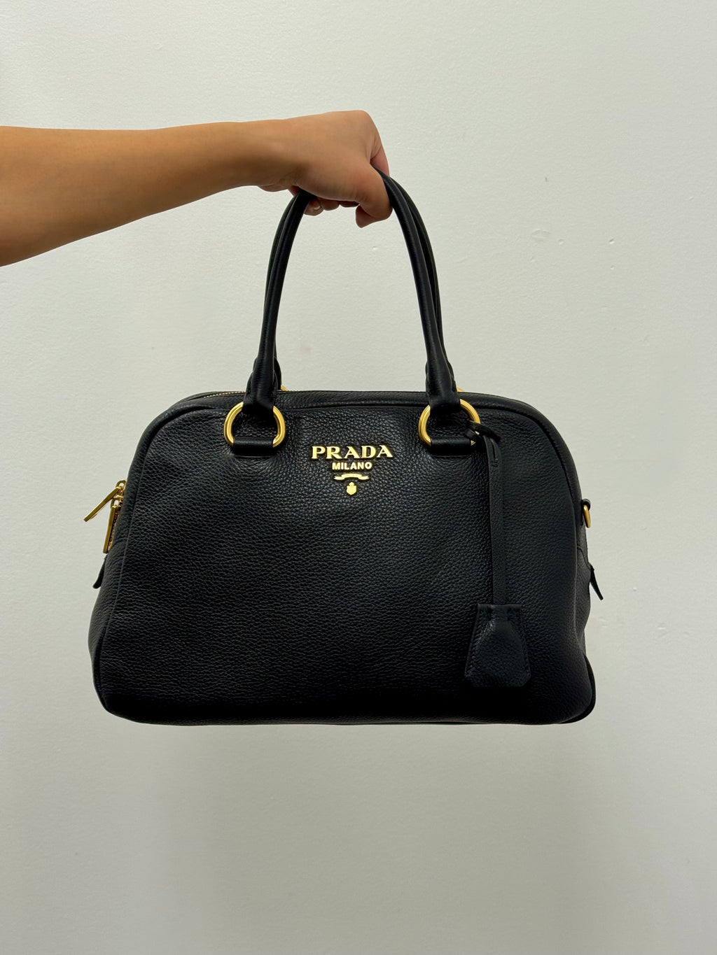 Prada Vitello Daino Bowler Bag in Black Pebbled Leather with Gold Hardware